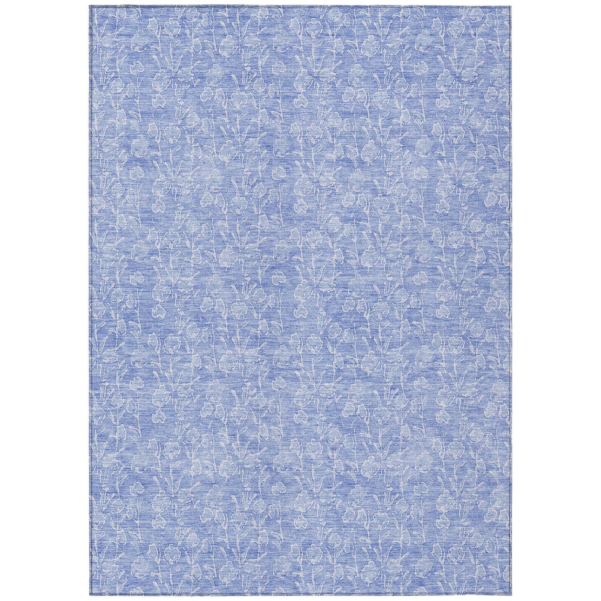 Machine Washable Denim Blue Rug - Indoor / Outdoor - Kids / Pet Friendly Floral Print Rug