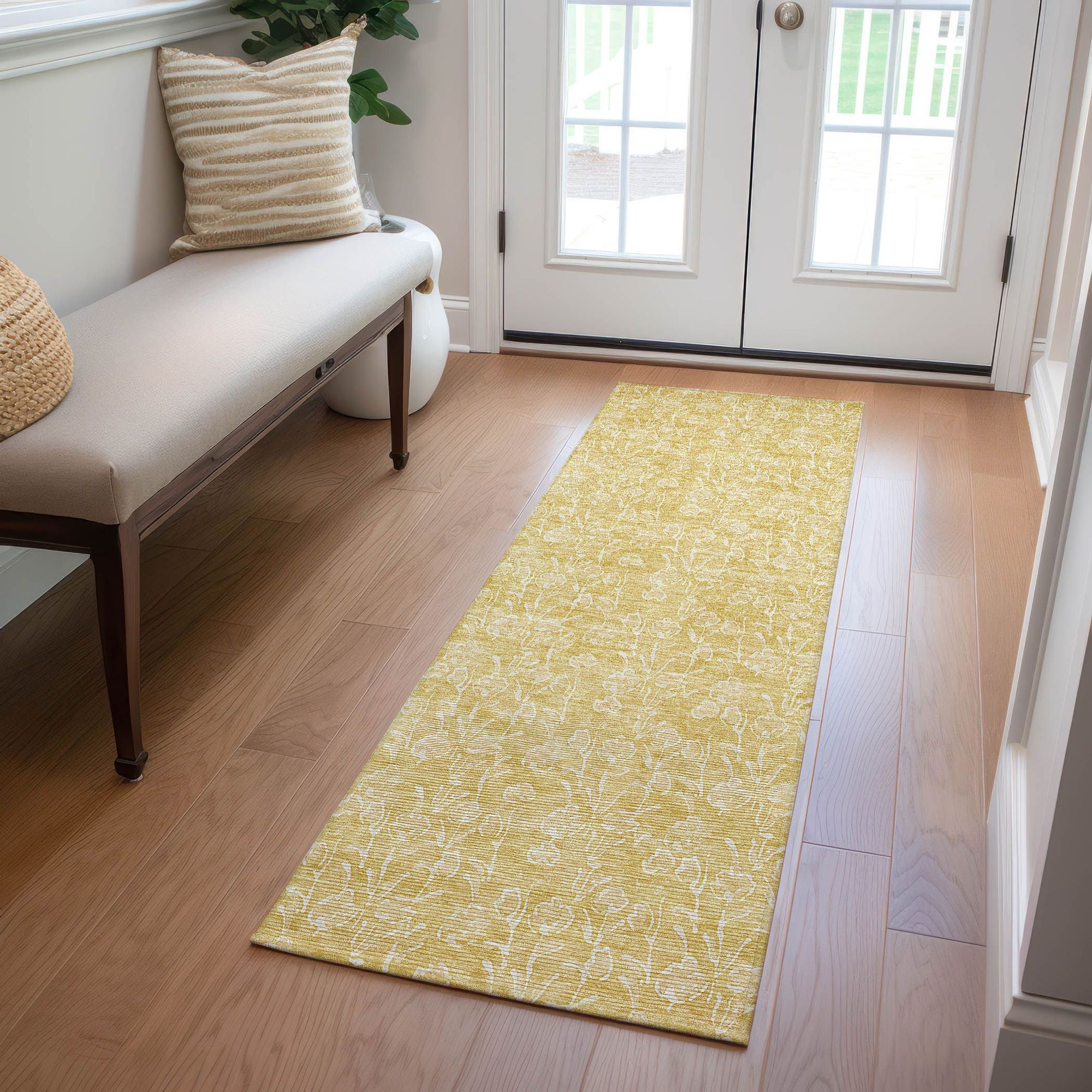 Machine Washable Gold Rug - Indoor / Outdoor - Kids / Pet Friendly Floral Print Rug