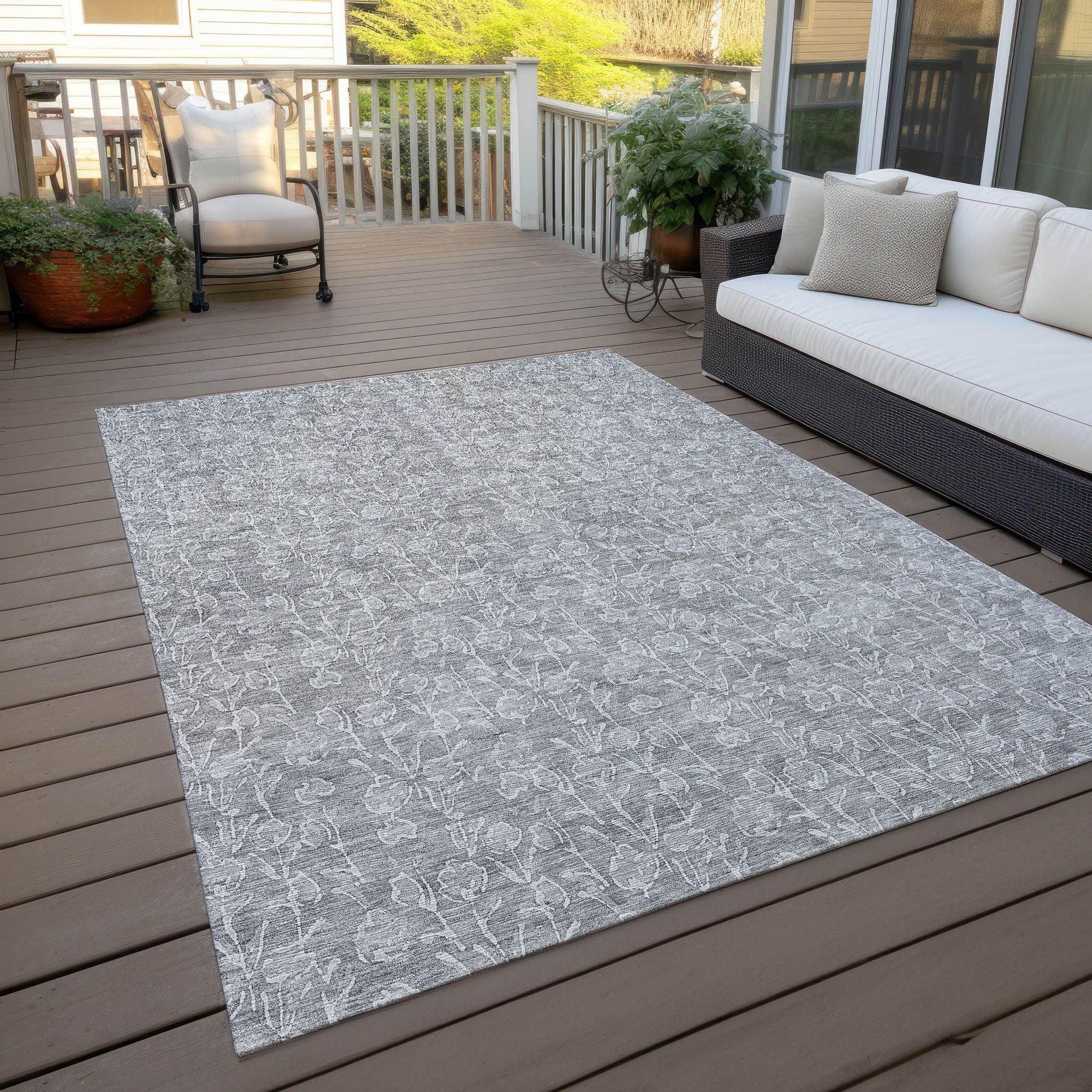 Machine Washable Silver Gray Rug - Indoor / Outdoor - Kids / Pet Friendly Floral Print Rug