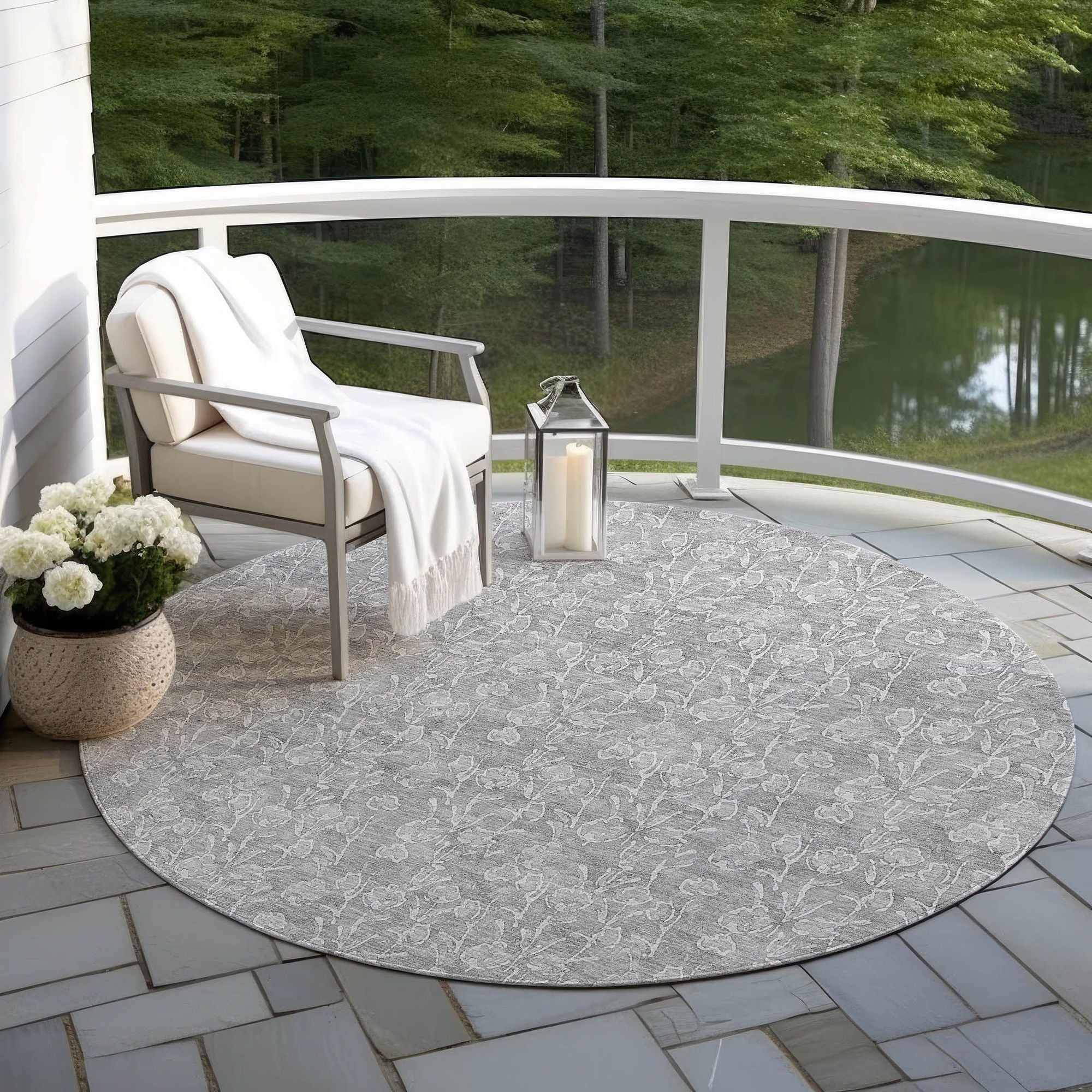 Machine Washable Silver Gray Rug - Indoor / Outdoor - Kids / Pet Friendly Floral Print Rug