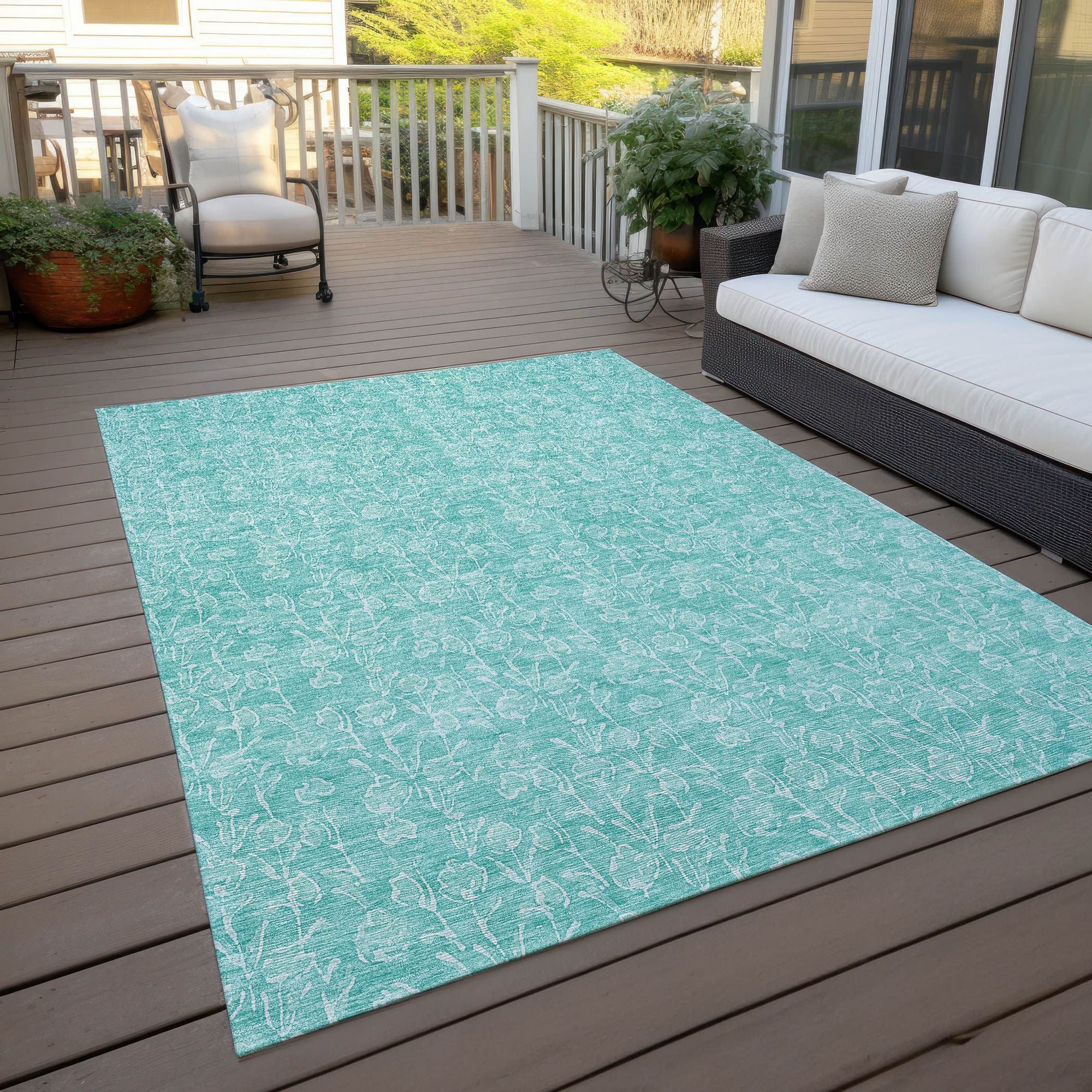 Machine Washable Teal Rug - Indoor / Outdoor - Kids / Pet Friendly Floral Print Rug