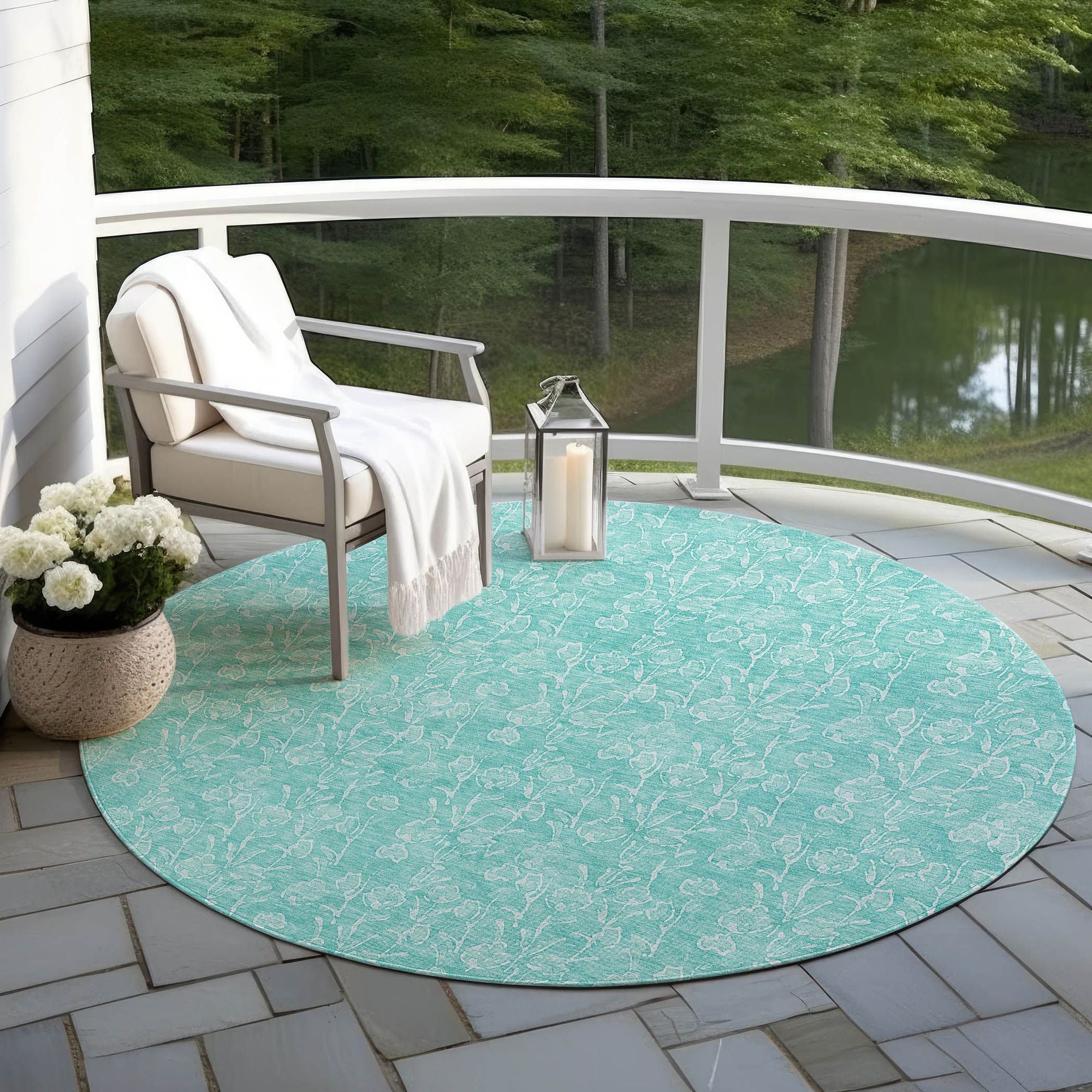 Machine Washable Teal Rug - Indoor / Outdoor - Kids / Pet Friendly Floral Print Rug