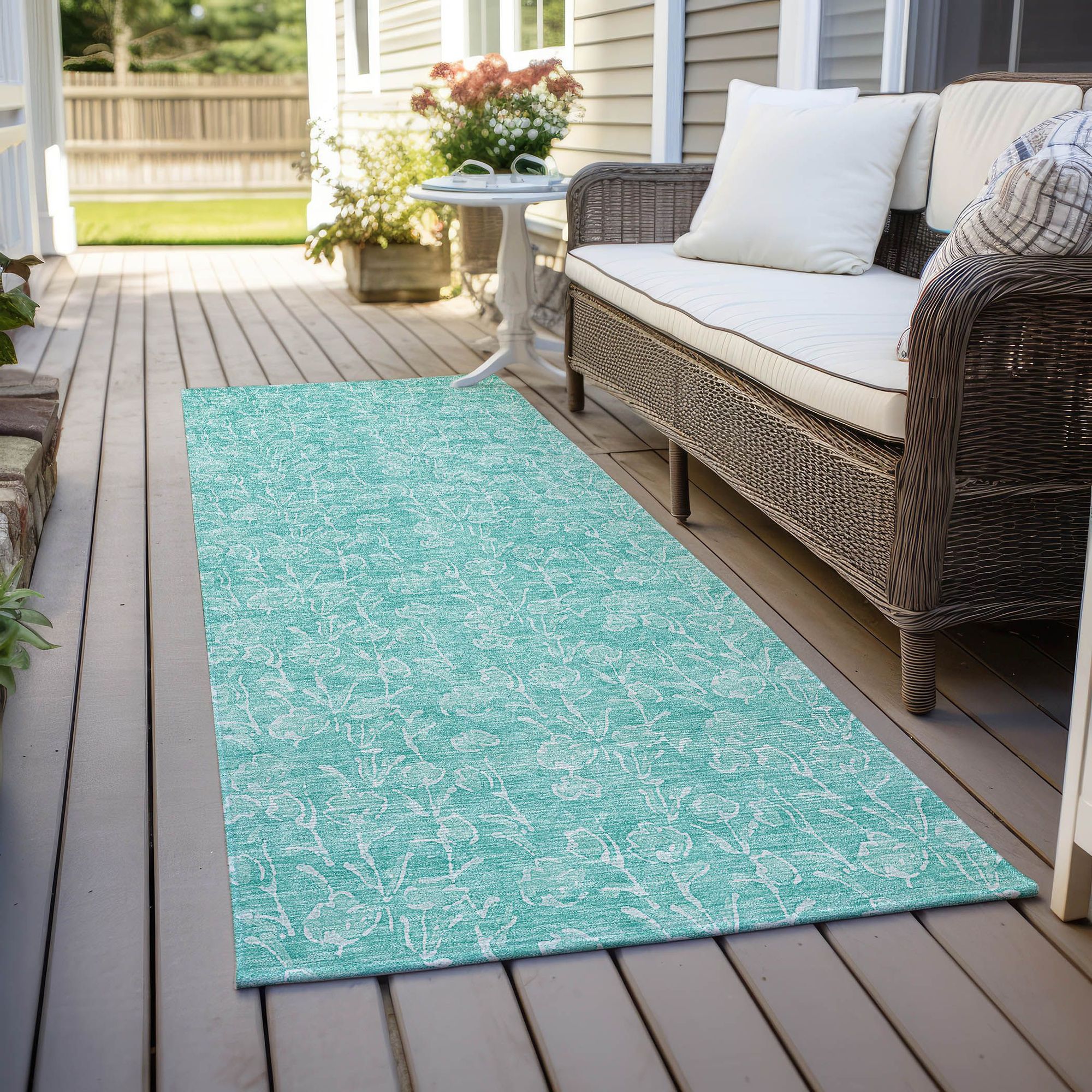 Machine Washable Teal Rug - Indoor / Outdoor - Kids / Pet Friendly Floral Print Rug