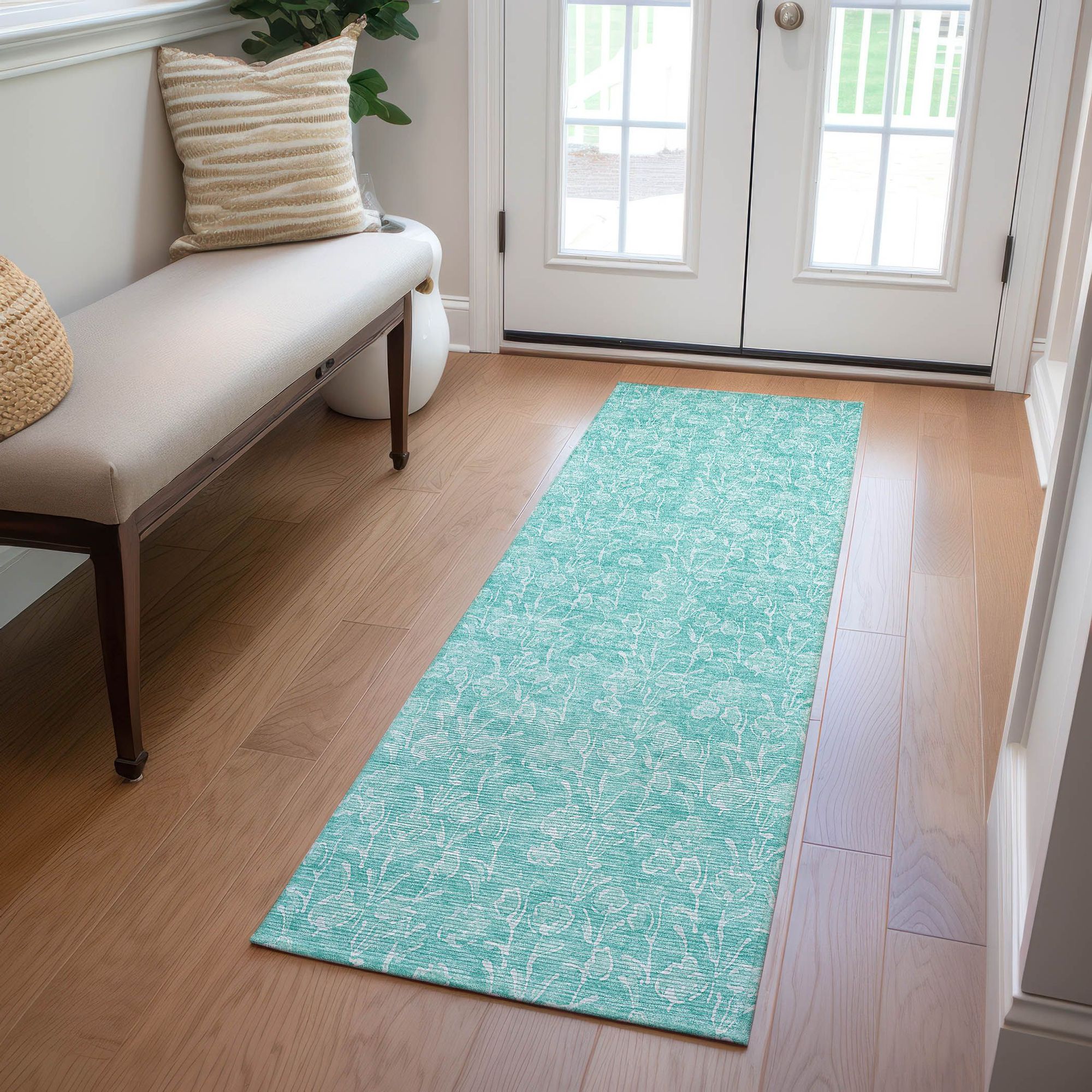 Machine Washable Teal Rug - Indoor / Outdoor - Kids / Pet Friendly Floral Print Rug