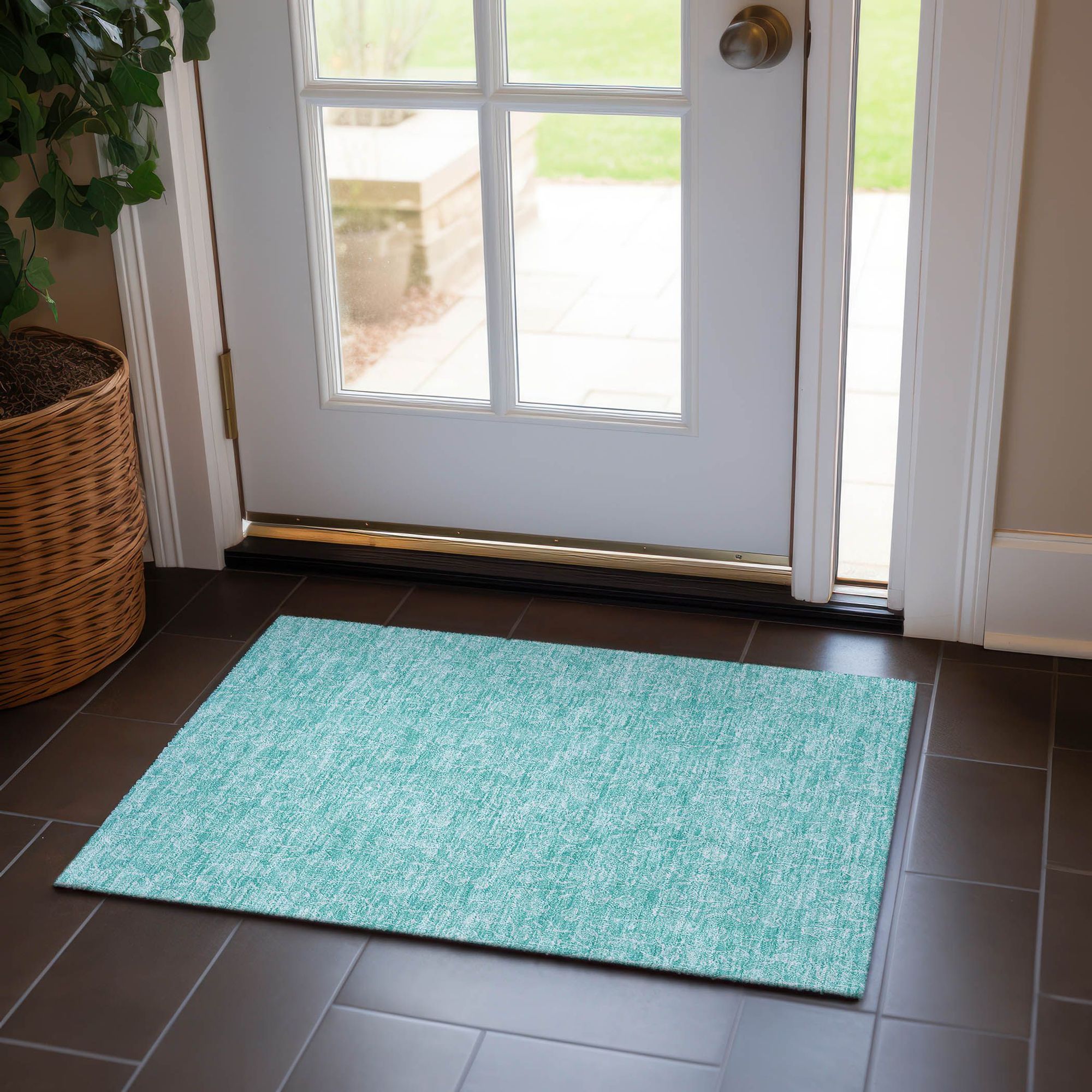 Machine Washable Teal Rug - Indoor / Outdoor - Kids / Pet Friendly Floral Print Rug