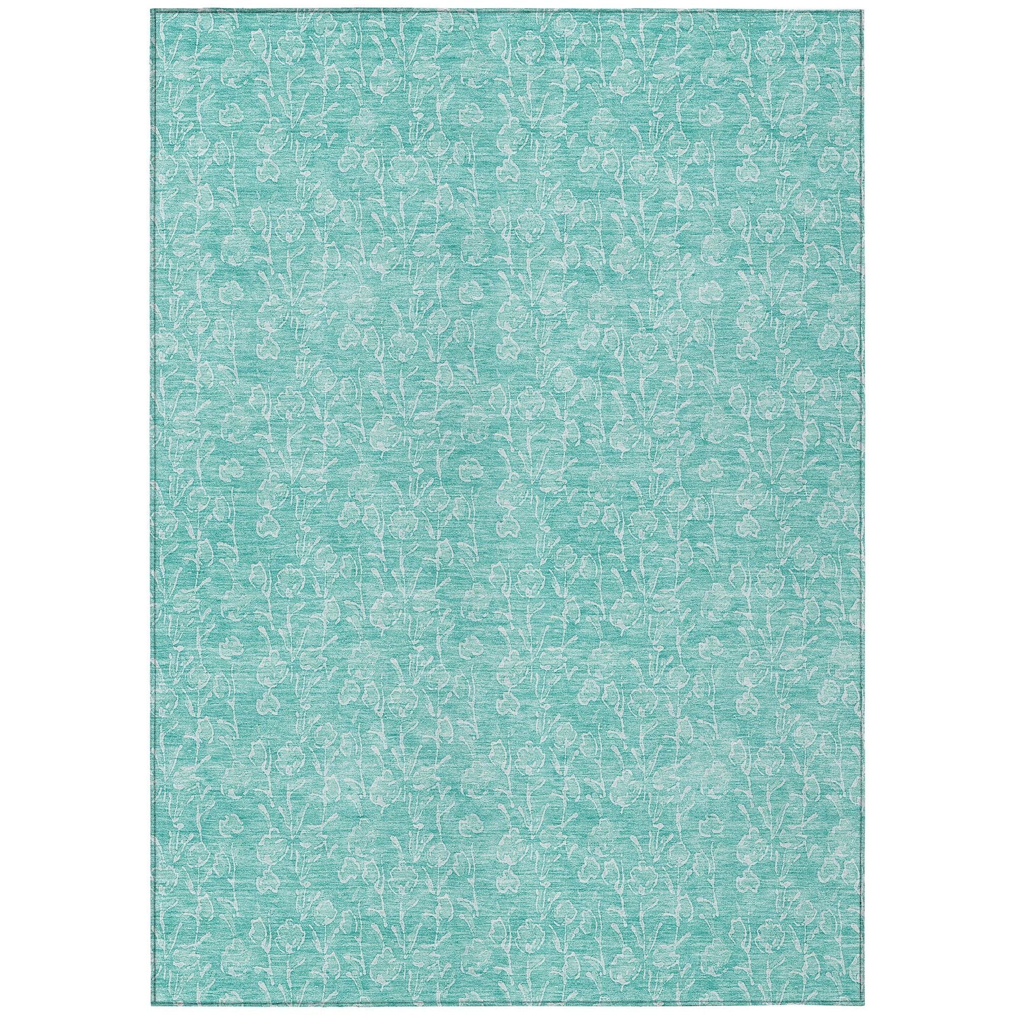 Machine Washable Teal Rug - Indoor / Outdoor - Kids / Pet Friendly Floral Print Rug