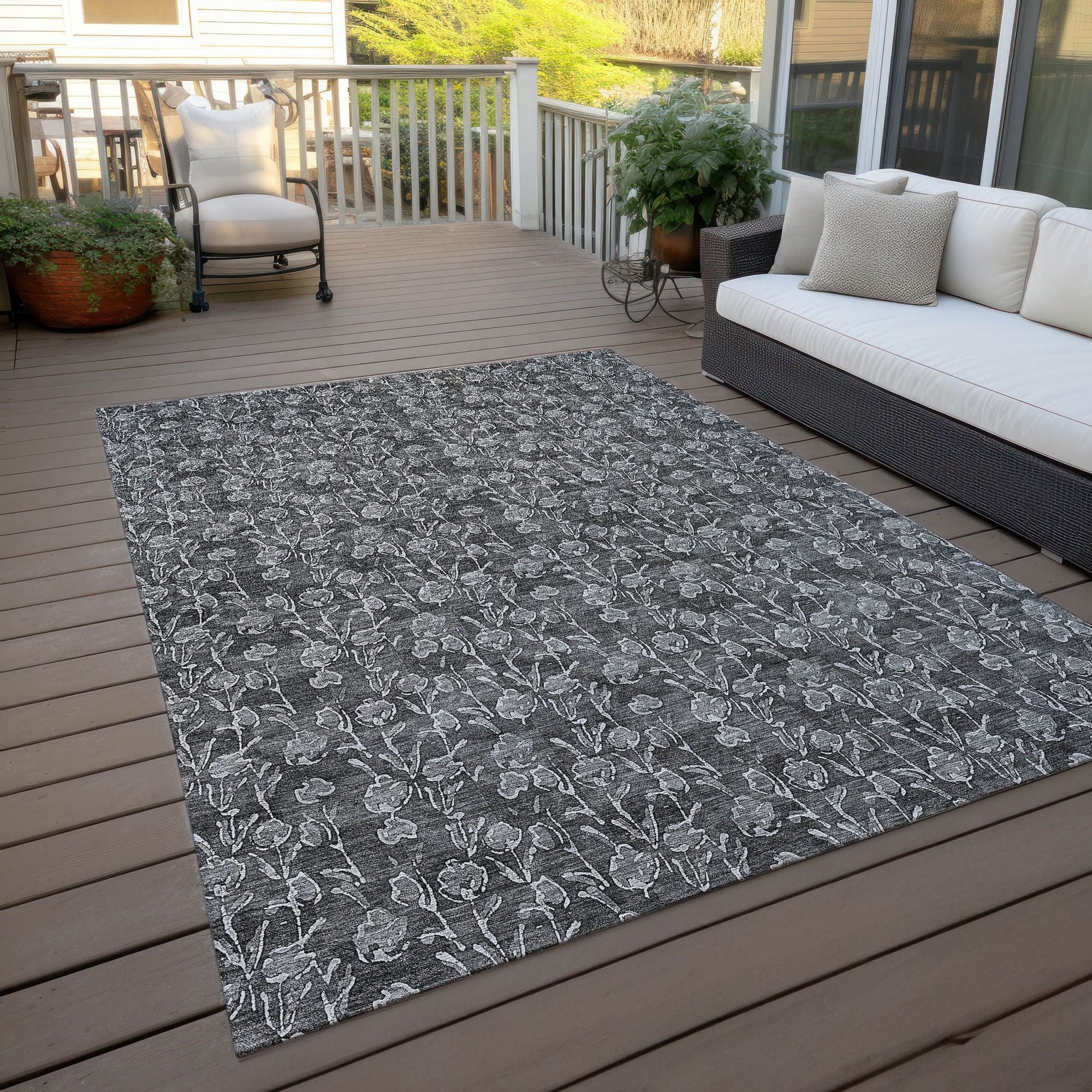 Machine Washable Gray Rug - Indoor / Outdoor - Kids / Pet Friendly Floral Print Rug