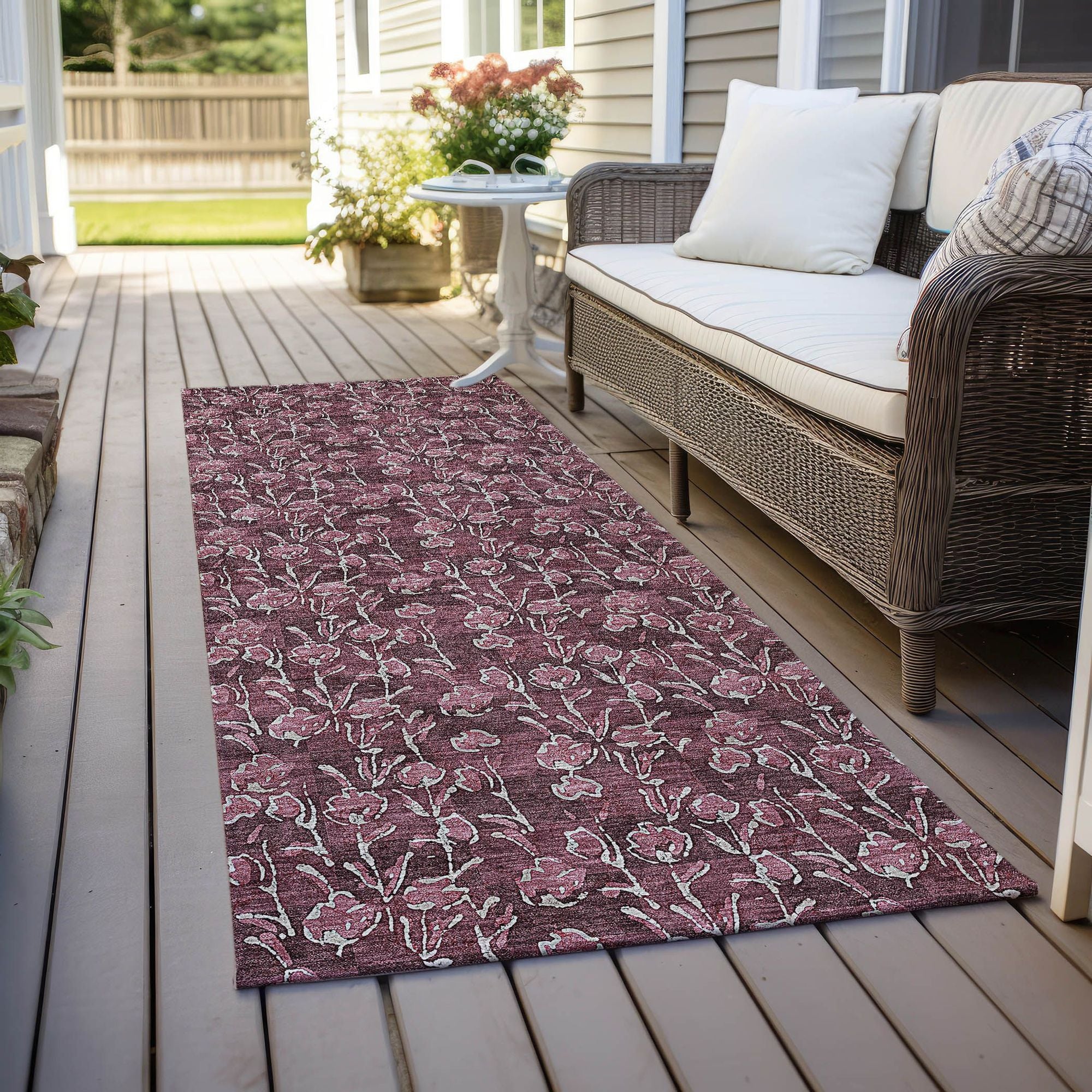 Machine Washable Merlot Red Rug - Indoor / Outdoor - Kids / Pet Friendly Floral Print Rug
