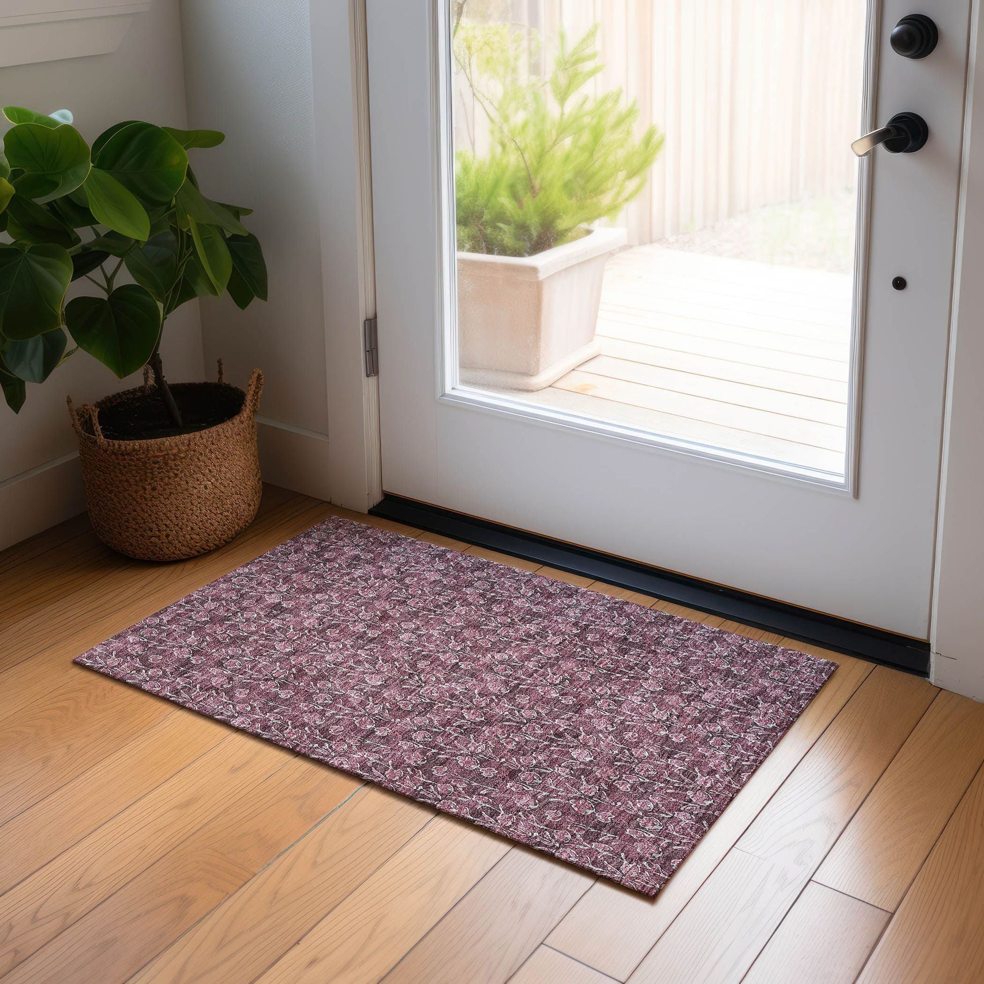 Machine Washable Merlot Red Rug - Indoor / Outdoor - Kids / Pet Friendly Floral Print Rug