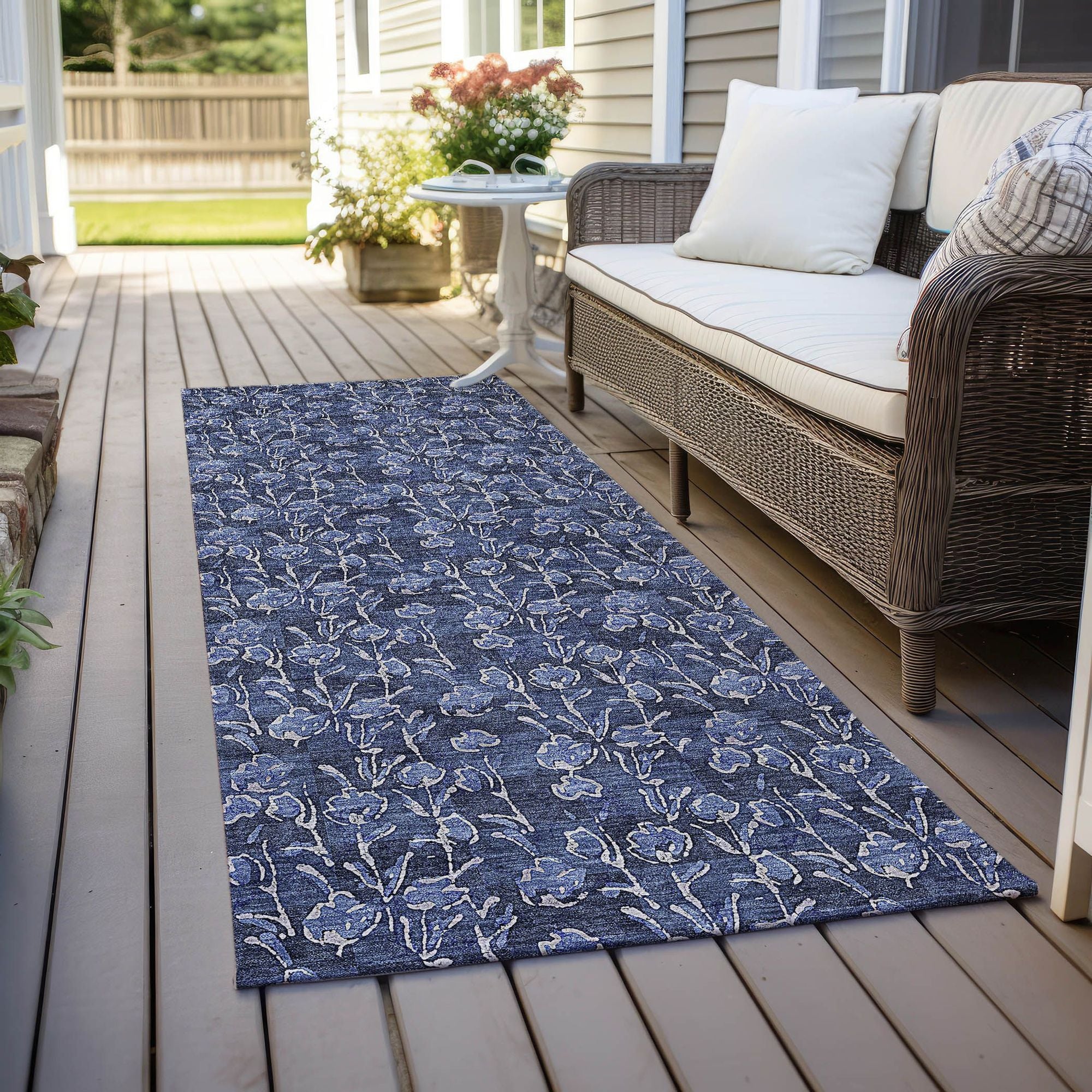 Machine Washable Navy Blue Rug - Indoor / Outdoor - Kids / Pet Friendly Floral Print Rug