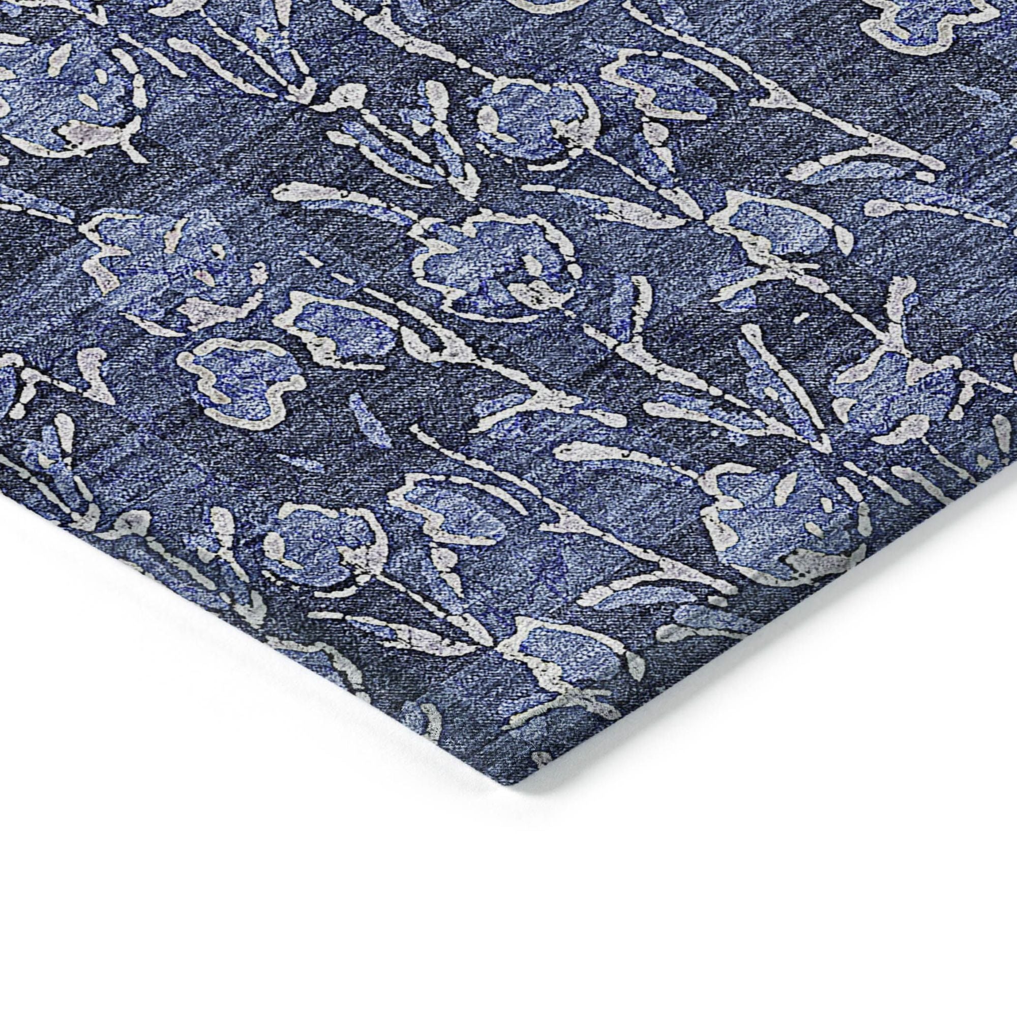 Machine Washable Navy Blue Rug - Indoor / Outdoor - Kids / Pet Friendly Floral Print Rug