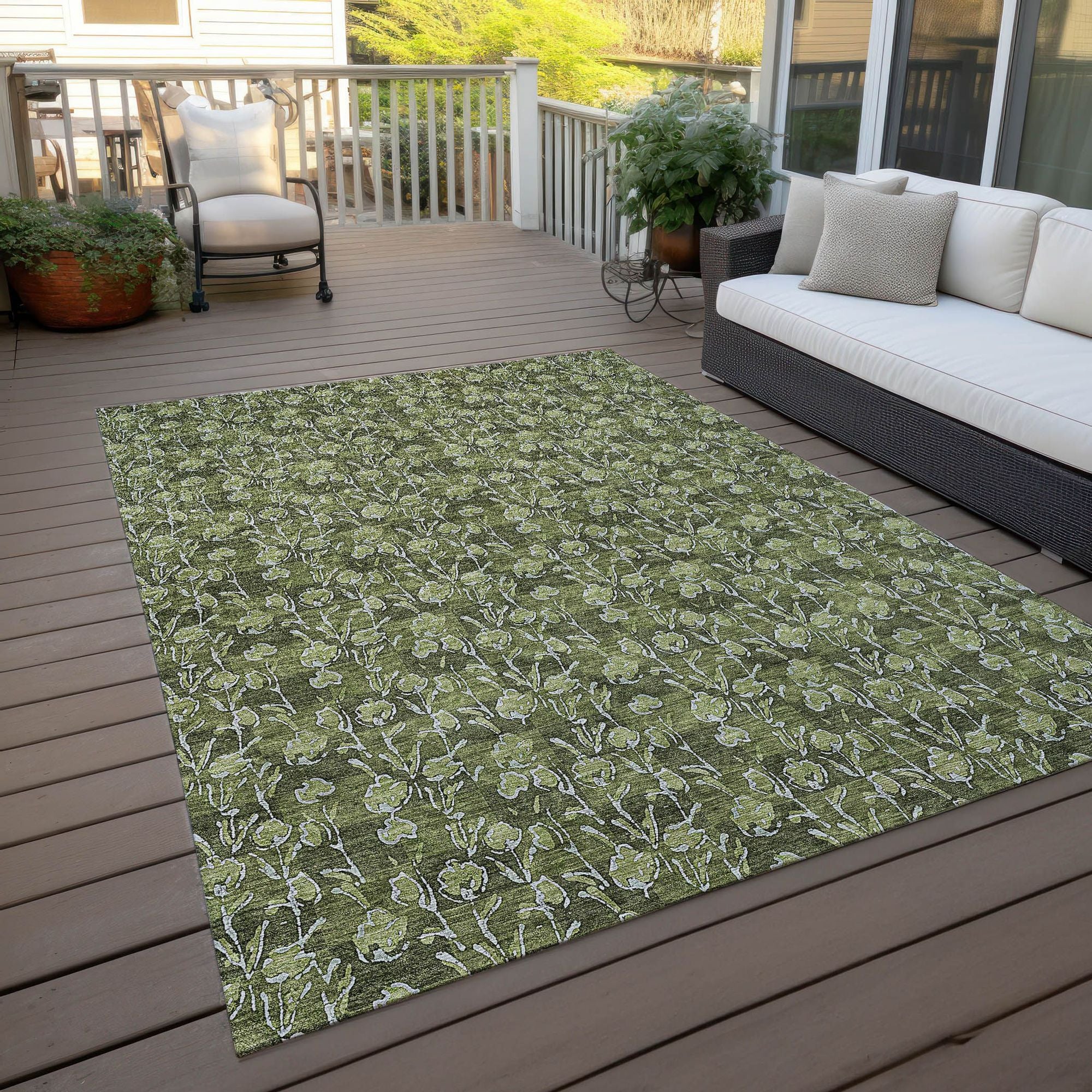 Machine Washable Olive Green Rug - Indoor / Outdoor - Kids / Pet Friendly Floral Print Rug