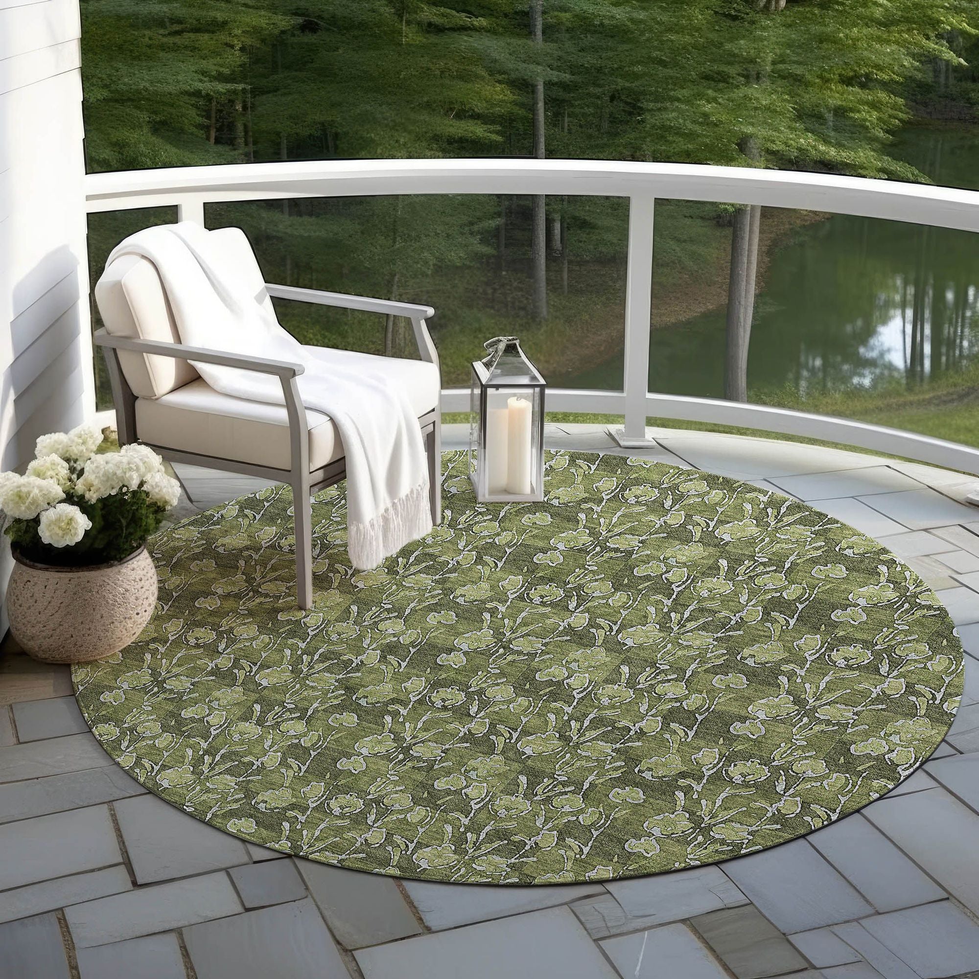 Machine Washable Olive Green Rug - Indoor / Outdoor - Kids / Pet Friendly Floral Print Rug