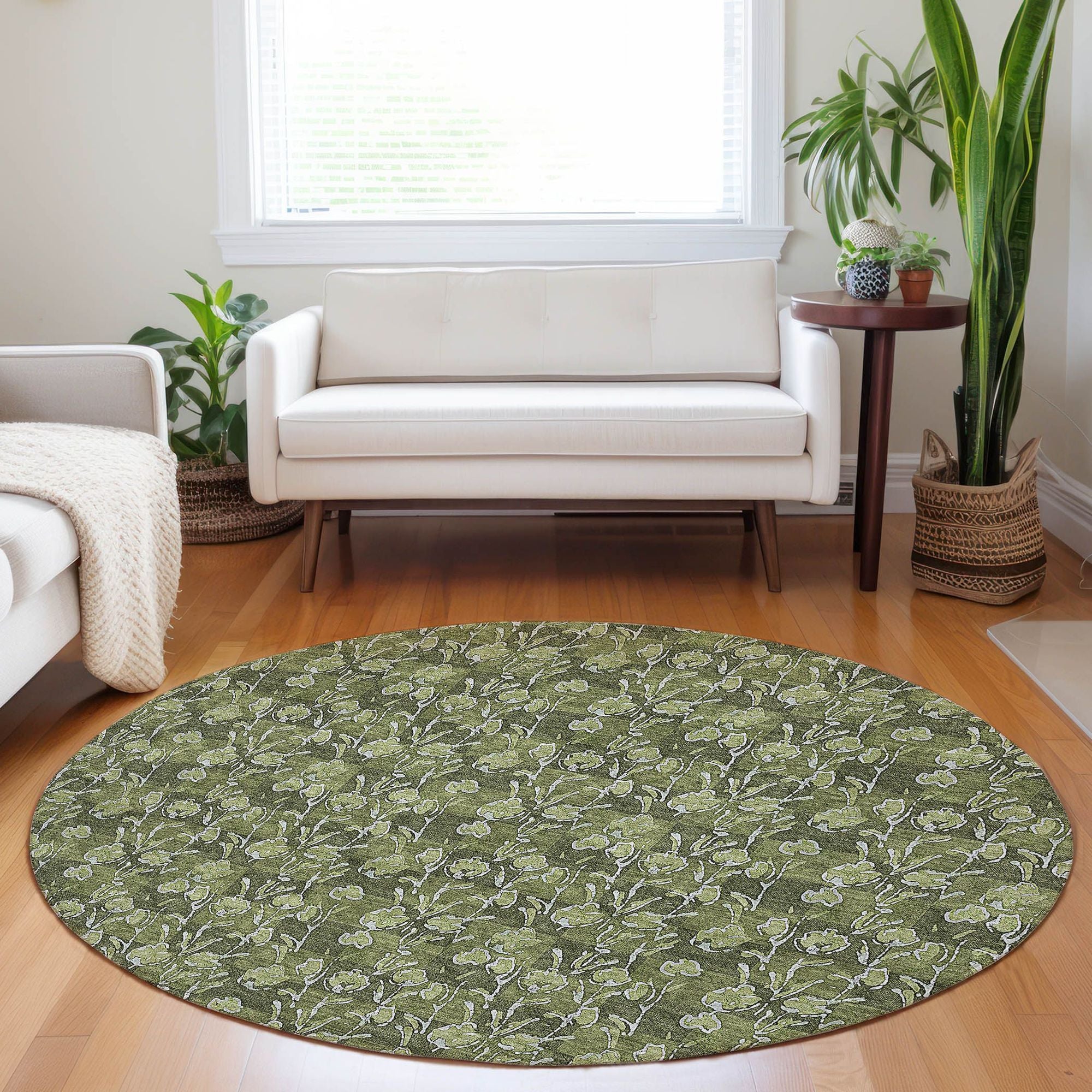 Machine Washable Olive Green Rug - Indoor / Outdoor - Kids / Pet Friendly Floral Print Rug