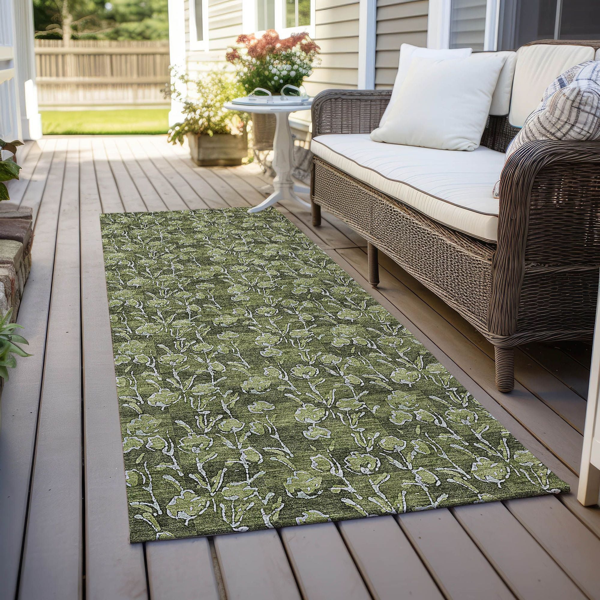 Machine Washable Olive Green Rug - Indoor / Outdoor - Kids / Pet Friendly Floral Print Rug