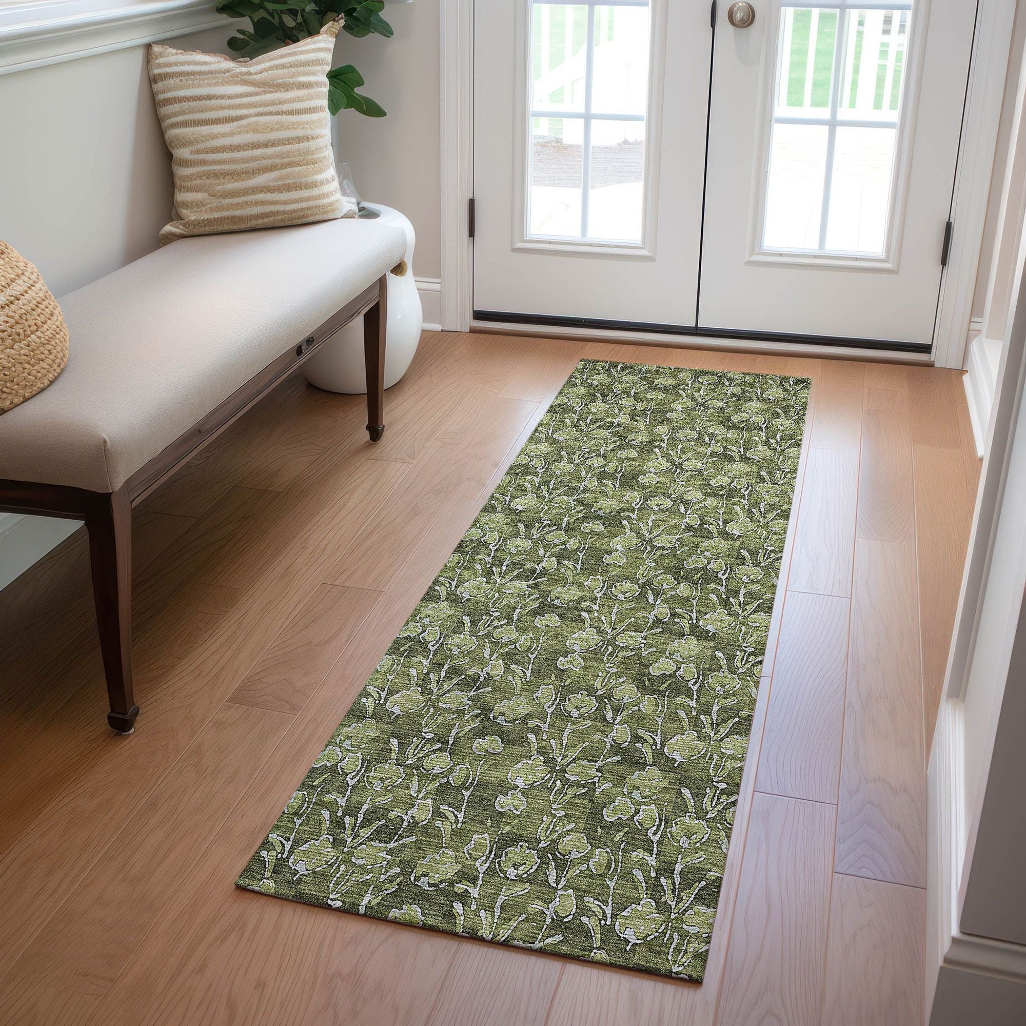 Machine Washable Olive Green Rug - Indoor / Outdoor - Kids / Pet Friendly Floral Print Rug