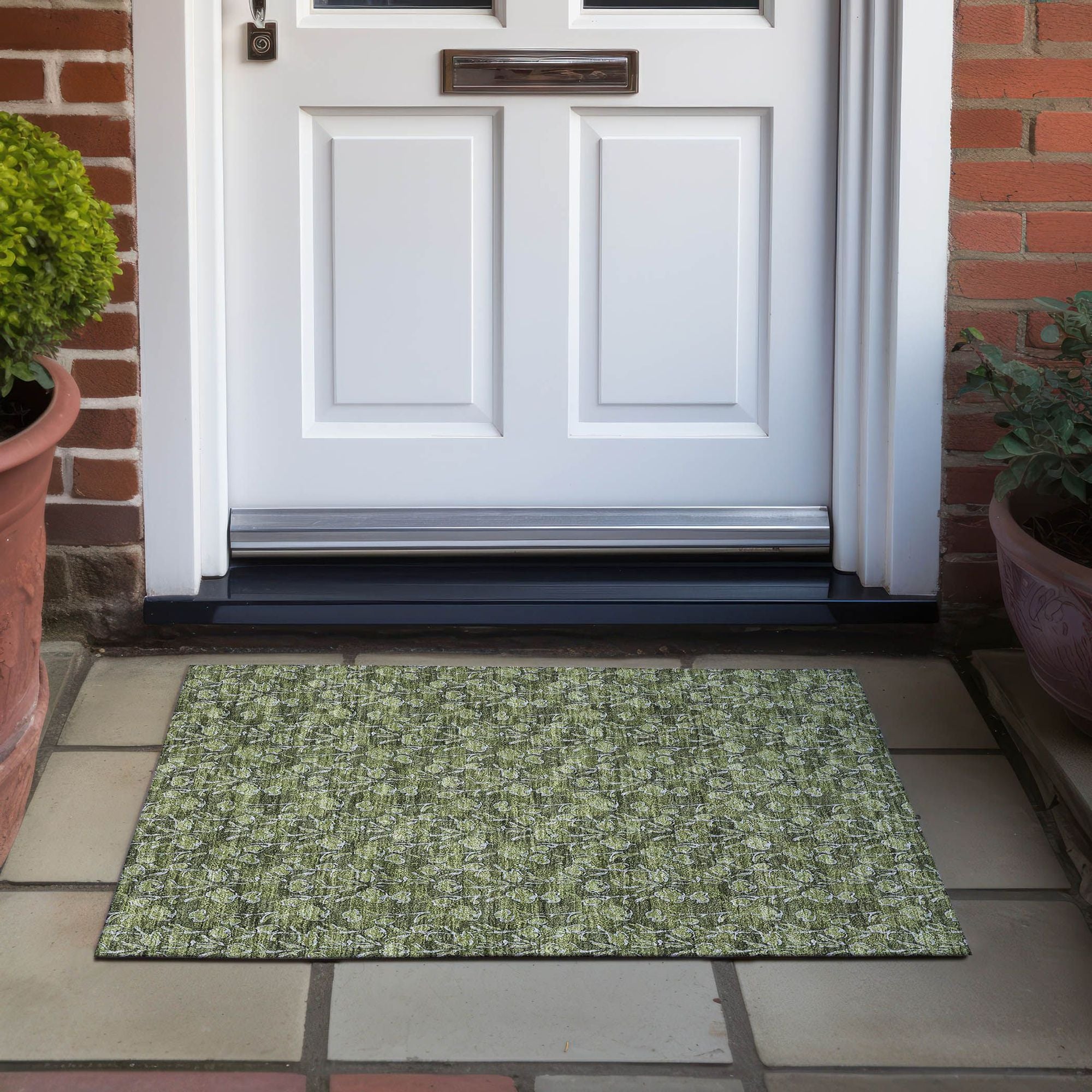 Machine Washable Olive Green Rug - Indoor / Outdoor - Kids / Pet Friendly Floral Print Rug