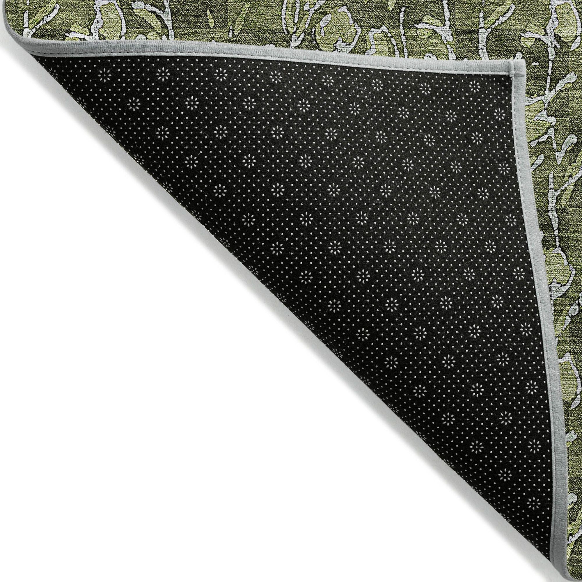 Machine Washable Olive Green Rug - Indoor / Outdoor - Kids / Pet Friendly Floral Print Rug