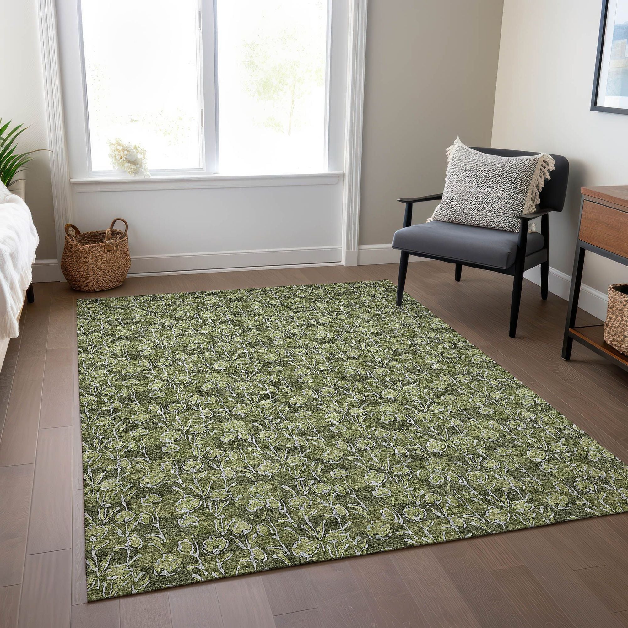 Machine Washable Olive Green Rug - Indoor / Outdoor - Kids / Pet Friendly Floral Print Rug