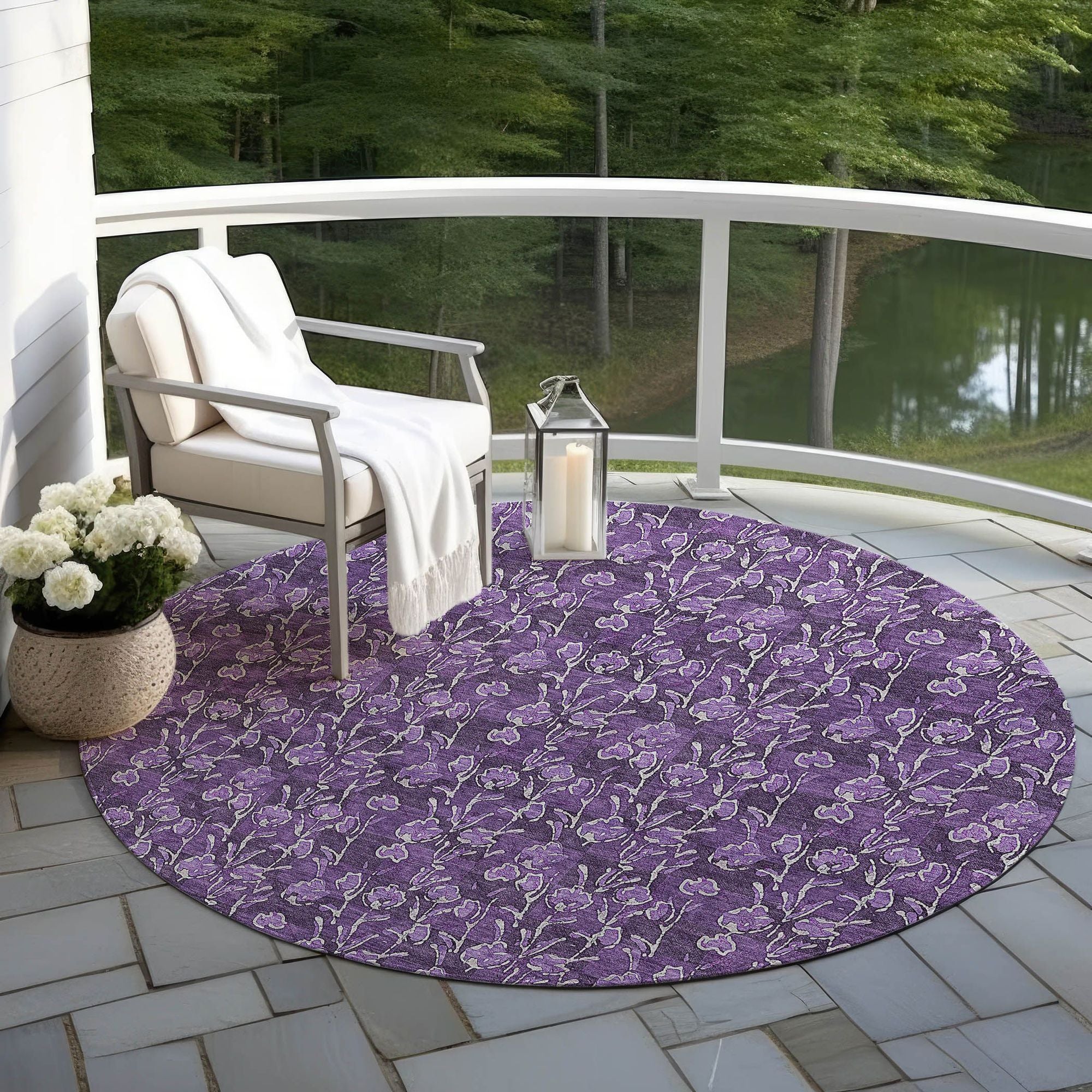 Machine Washable Purple Rug - Indoor / Outdoor - Kids / Pet Friendly Floral Print Rug