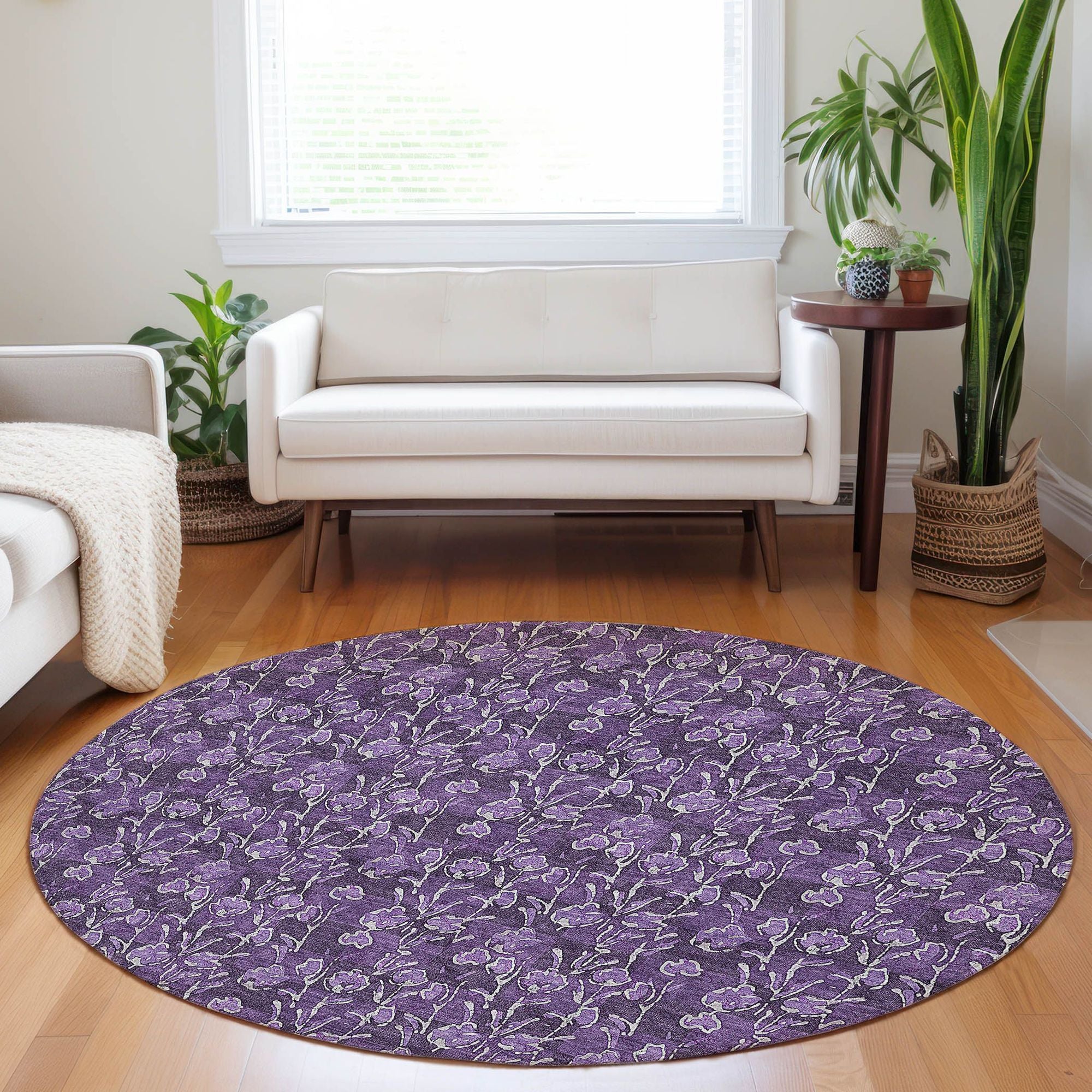 Machine Washable Purple Rug - Indoor / Outdoor - Kids / Pet Friendly Floral Print Rug