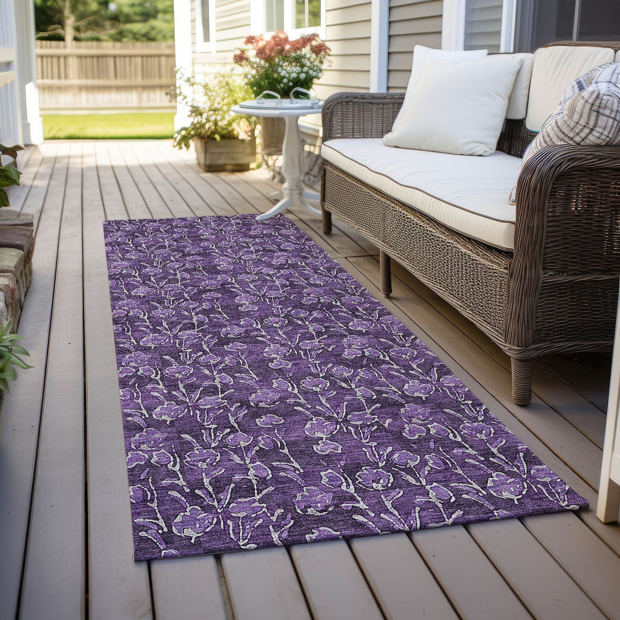 Machine Washable Purple Rug - Indoor / Outdoor - Kids / Pet Friendly Floral Print Rug
