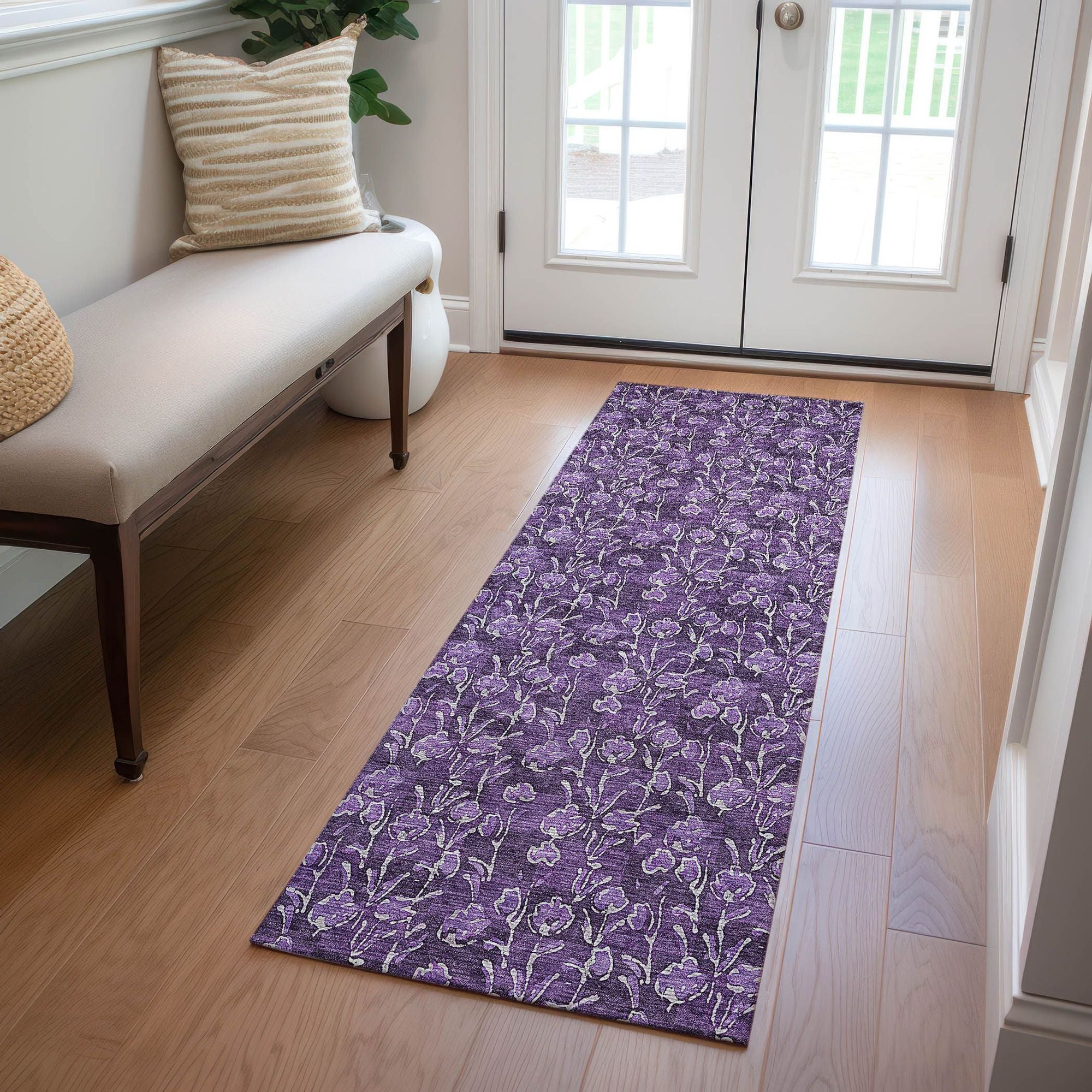 Machine Washable Purple Rug - Indoor / Outdoor - Kids / Pet Friendly Floral Print Rug
