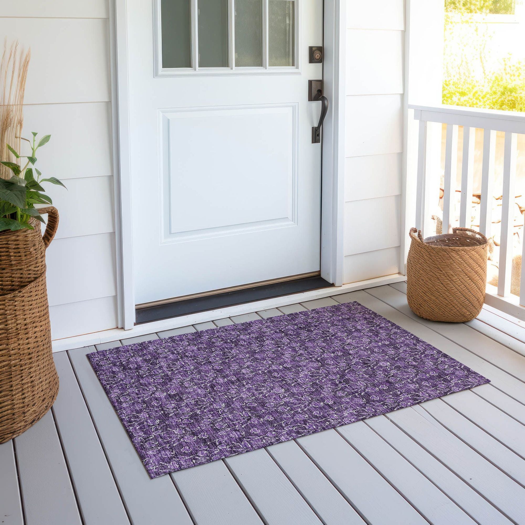 Machine Washable Purple Rug - Indoor / Outdoor - Kids / Pet Friendly Floral Print Rug