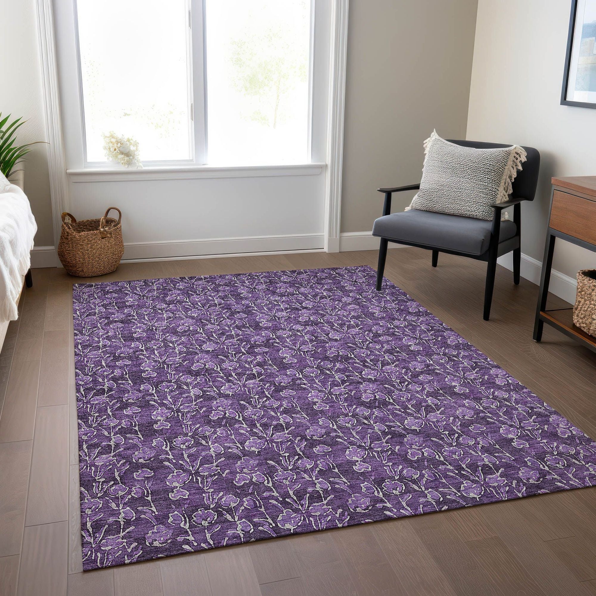 Machine Washable Purple Rug - Indoor / Outdoor - Kids / Pet Friendly Floral Print Rug
