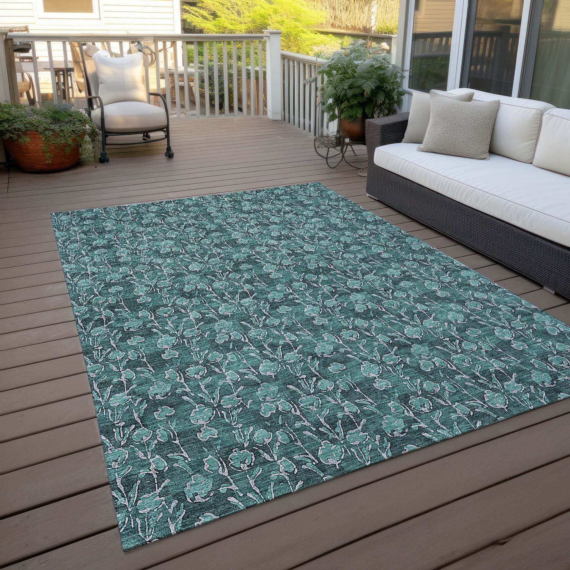 Machine Washable Teal Rug - Indoor / Outdoor - Kids / Pet Friendly Floral Print Rug