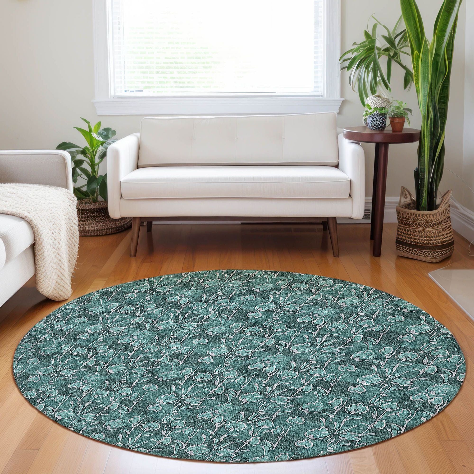 Machine Washable Teal Rug - Indoor / Outdoor - Kids / Pet Friendly Floral Print Rug