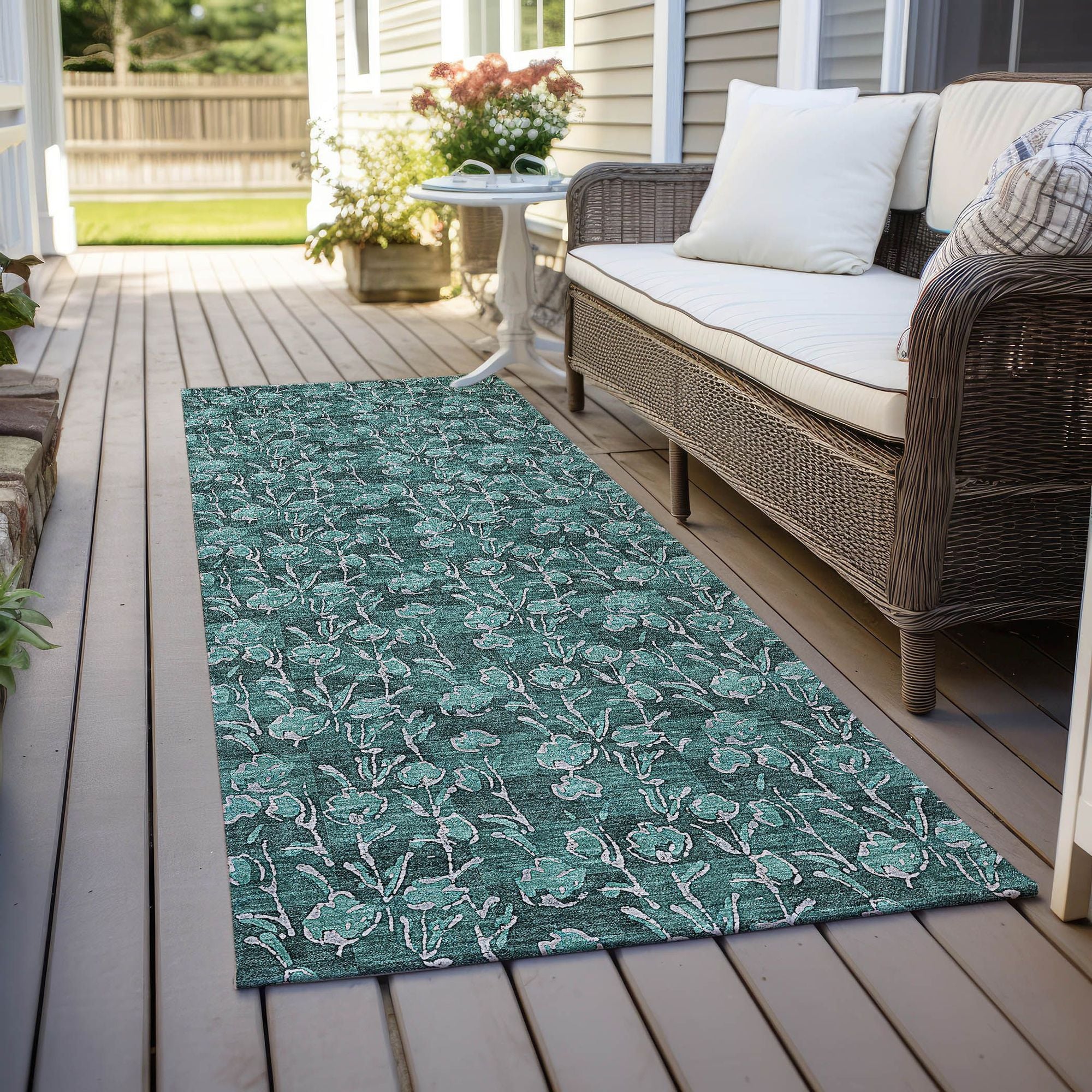 Machine Washable Teal Rug - Indoor / Outdoor - Kids / Pet Friendly Floral Print Rug