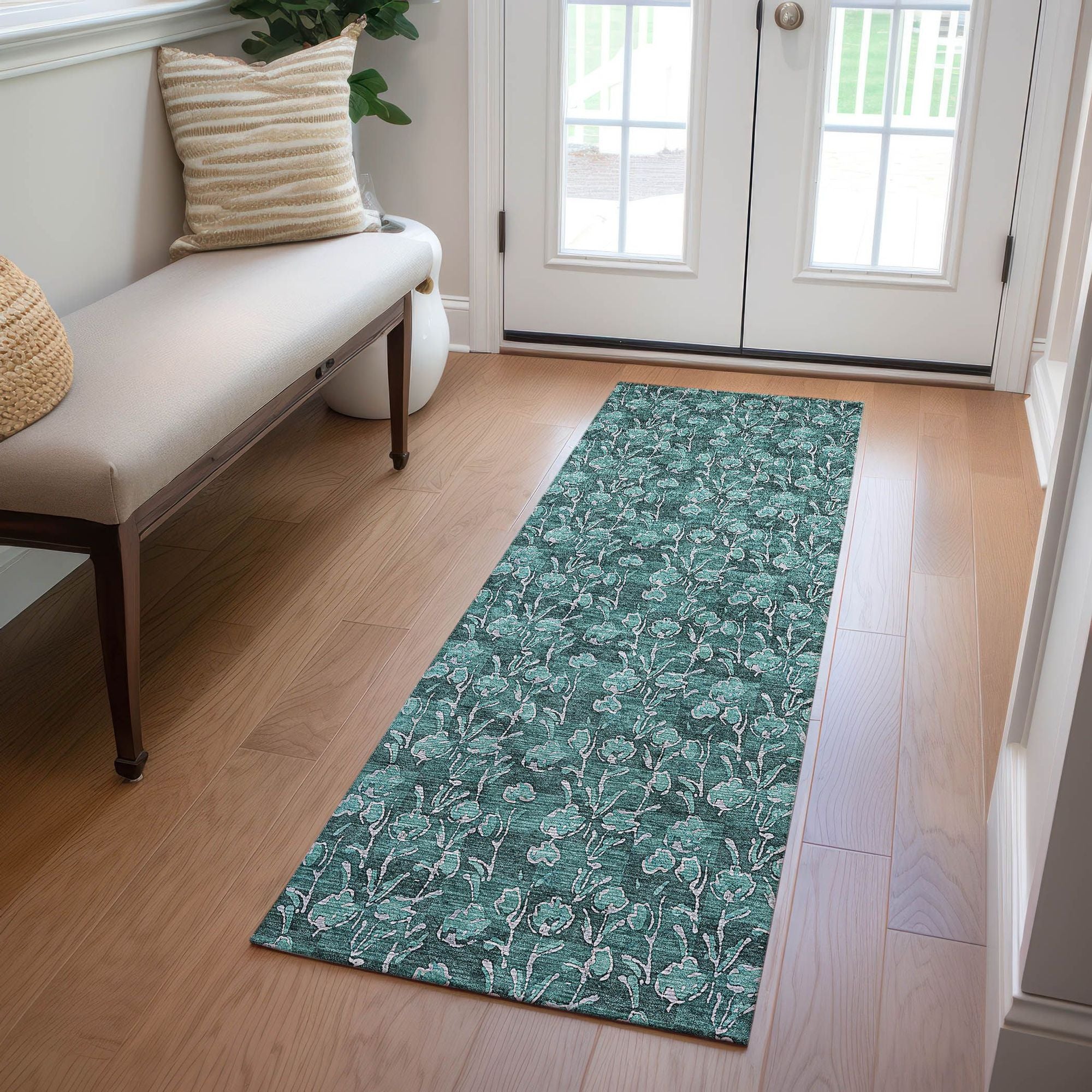 Machine Washable Teal Rug - Indoor / Outdoor - Kids / Pet Friendly Floral Print Rug