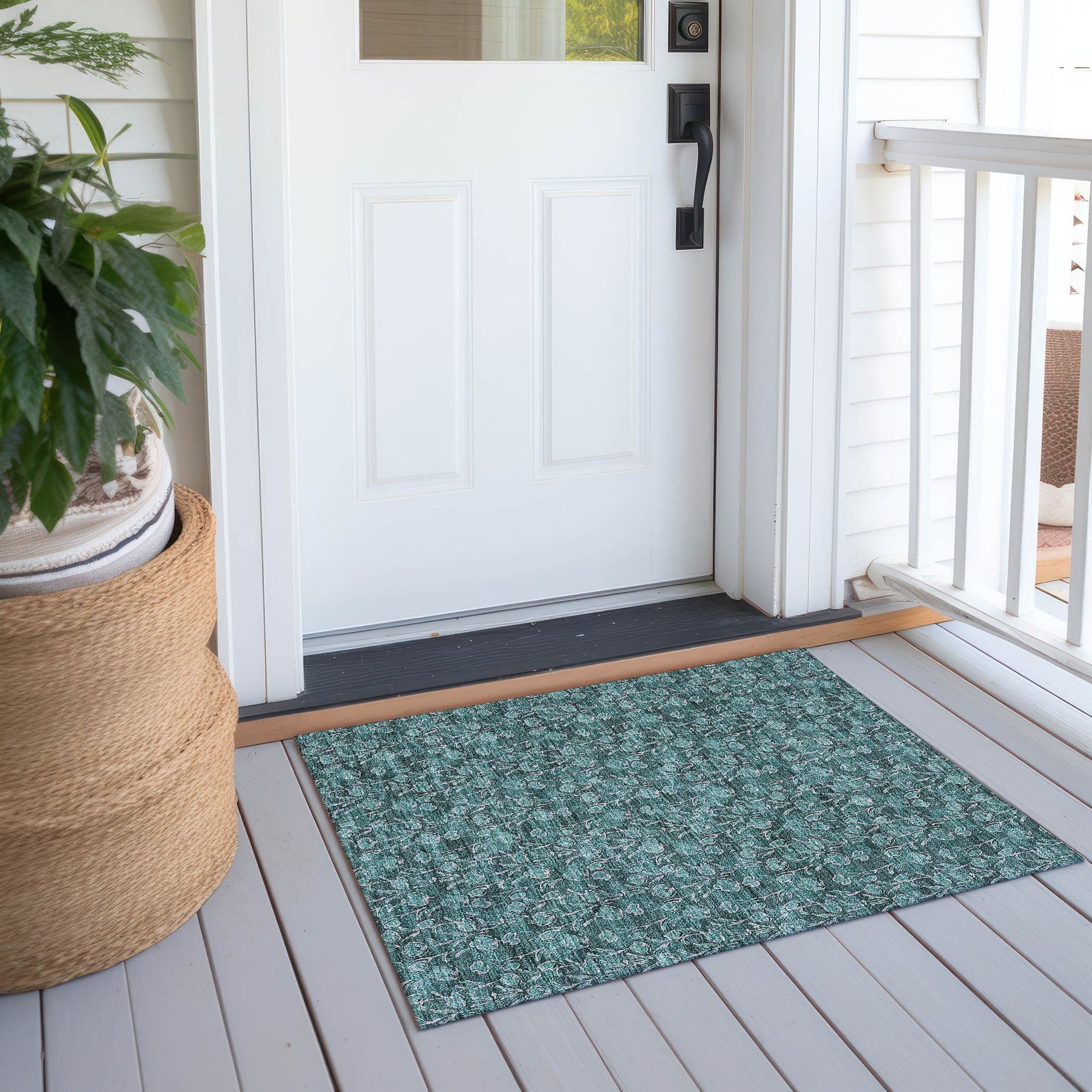 Machine Washable Teal Rug - Indoor / Outdoor - Kids / Pet Friendly Floral Print Rug