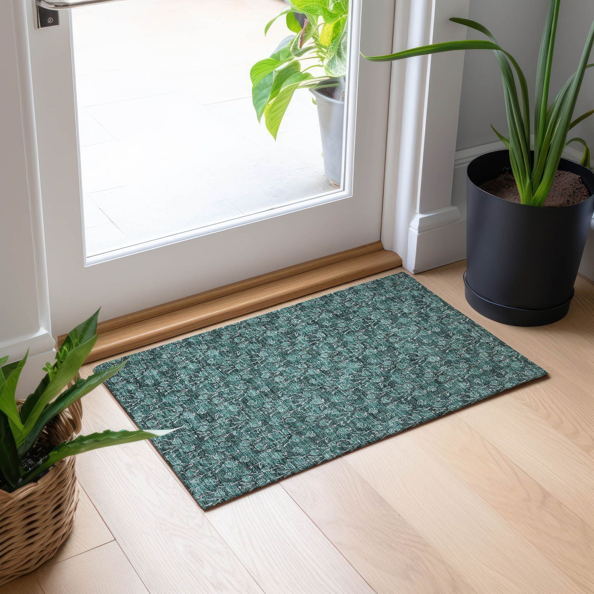 Machine Washable Teal Rug - Indoor / Outdoor - Kids / Pet Friendly Floral Print Rug