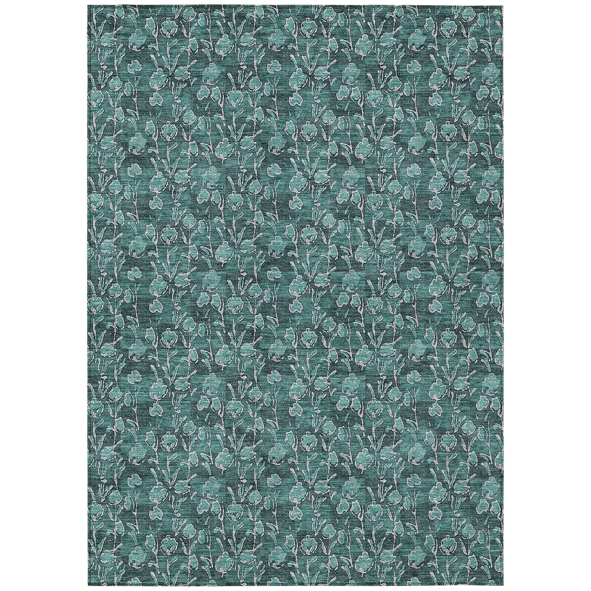 Machine Washable Teal Rug - Indoor / Outdoor - Kids / Pet Friendly Floral Print Rug