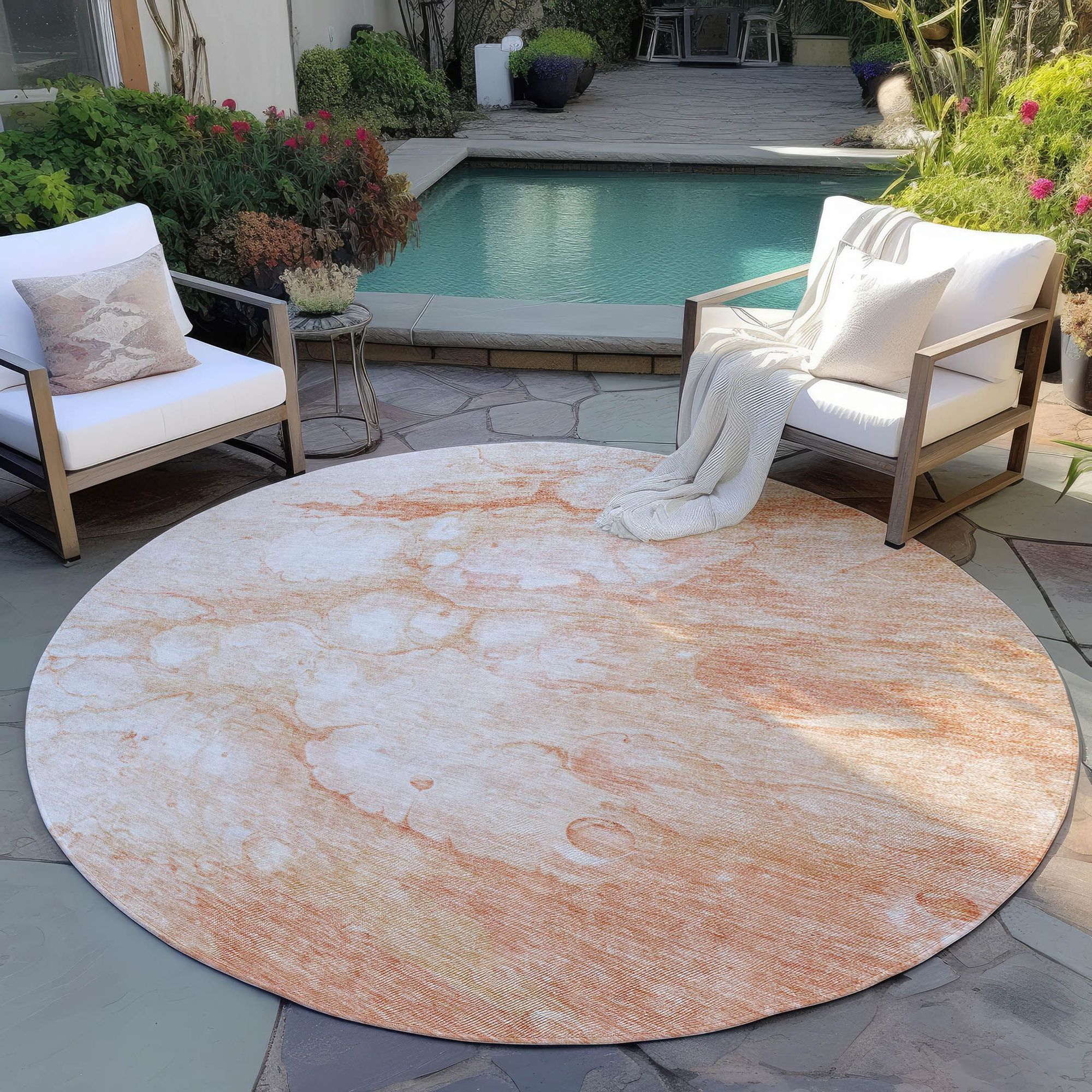Machine Washable Coral Orange Rug - Indoor / Outdoor - Kids / Pet Friendly Abstract Print Rug