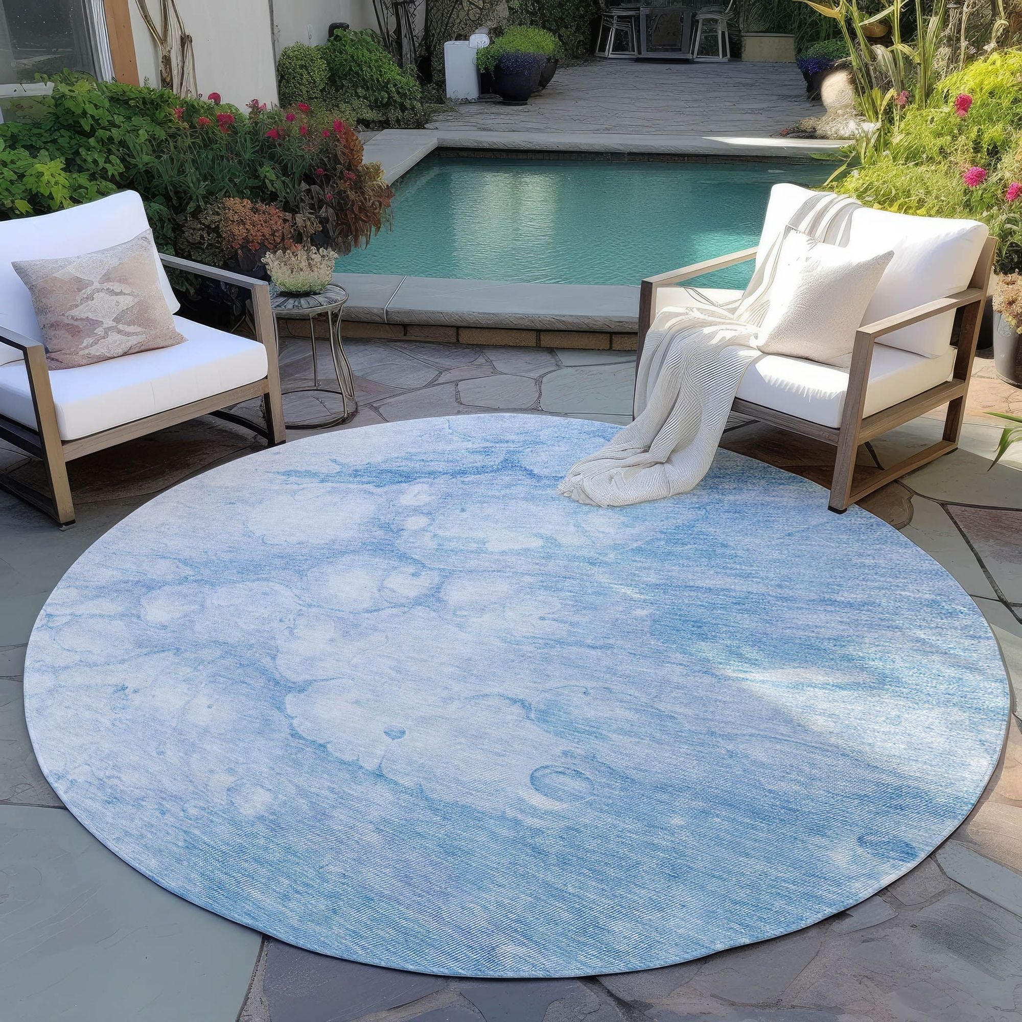 Machine Washable Sky Blue Rug - Indoor / Outdoor - Kids / Pet Friendly Abstract Print Rug
