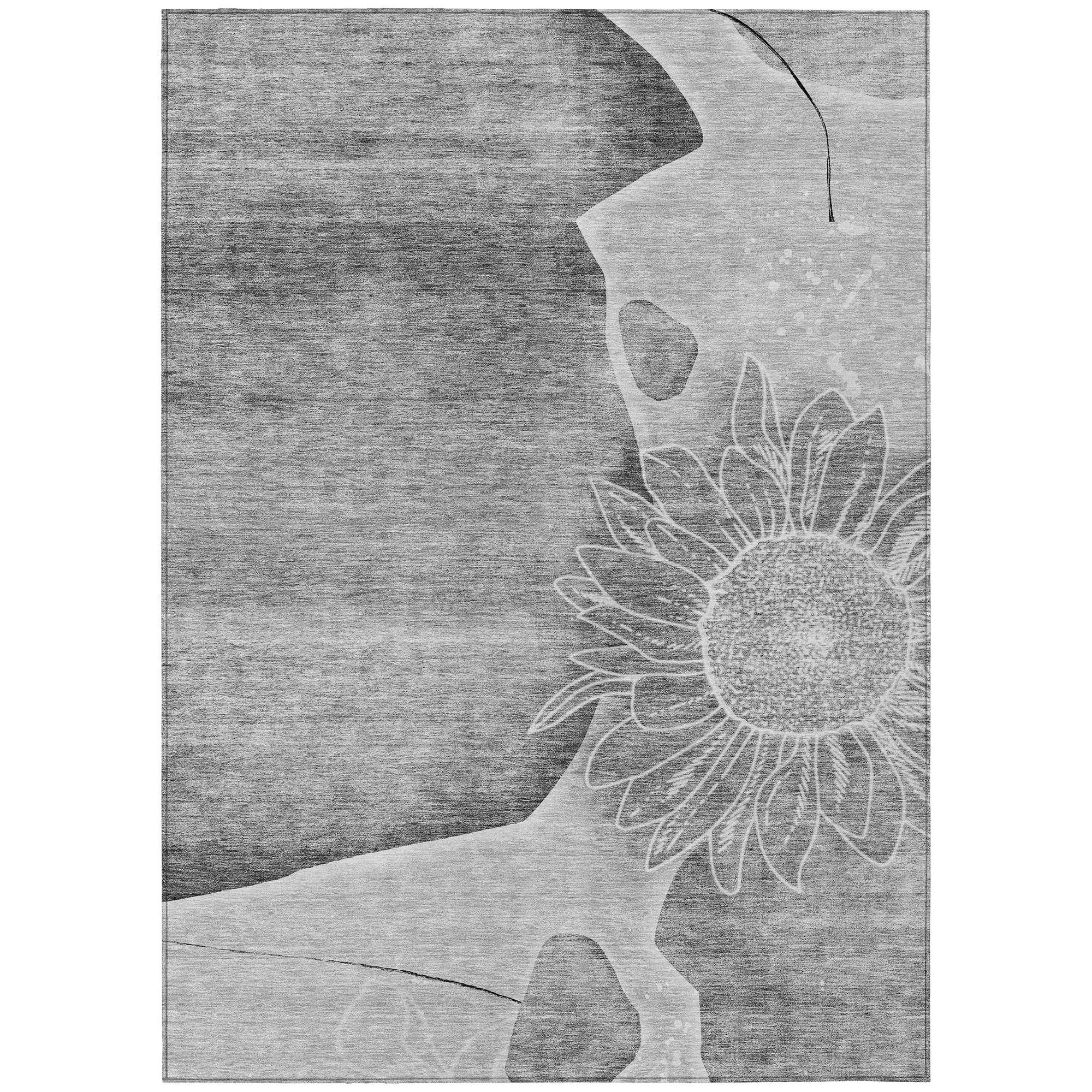 Machine Washable Gray Rug - Indoor / Outdoor - Kids / Pet Friendly Floral Print Rug