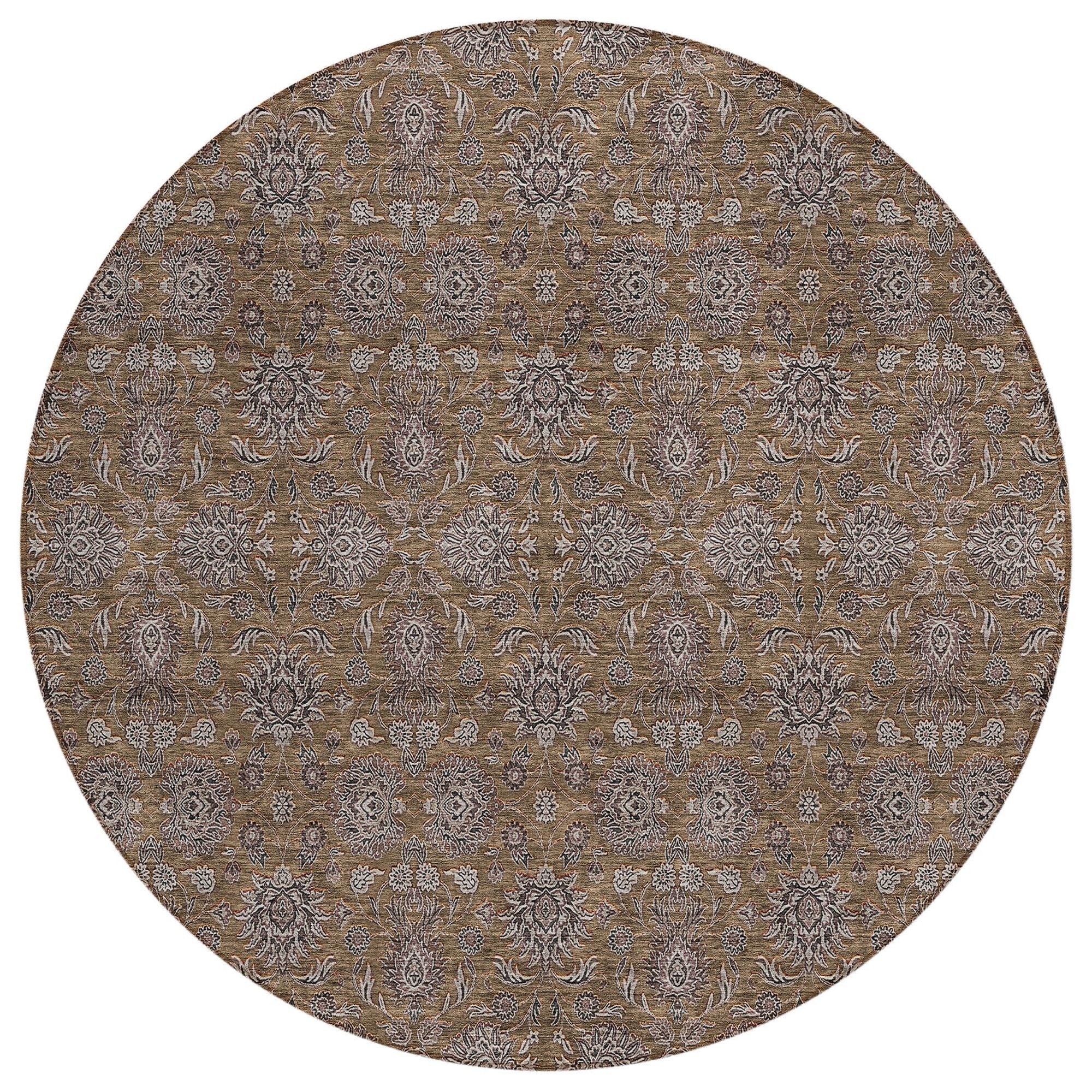 Machine Washable Chocolate Brown Rug - Indoor / Outdoor - Kids / Pet Friendly Floral Print Rug