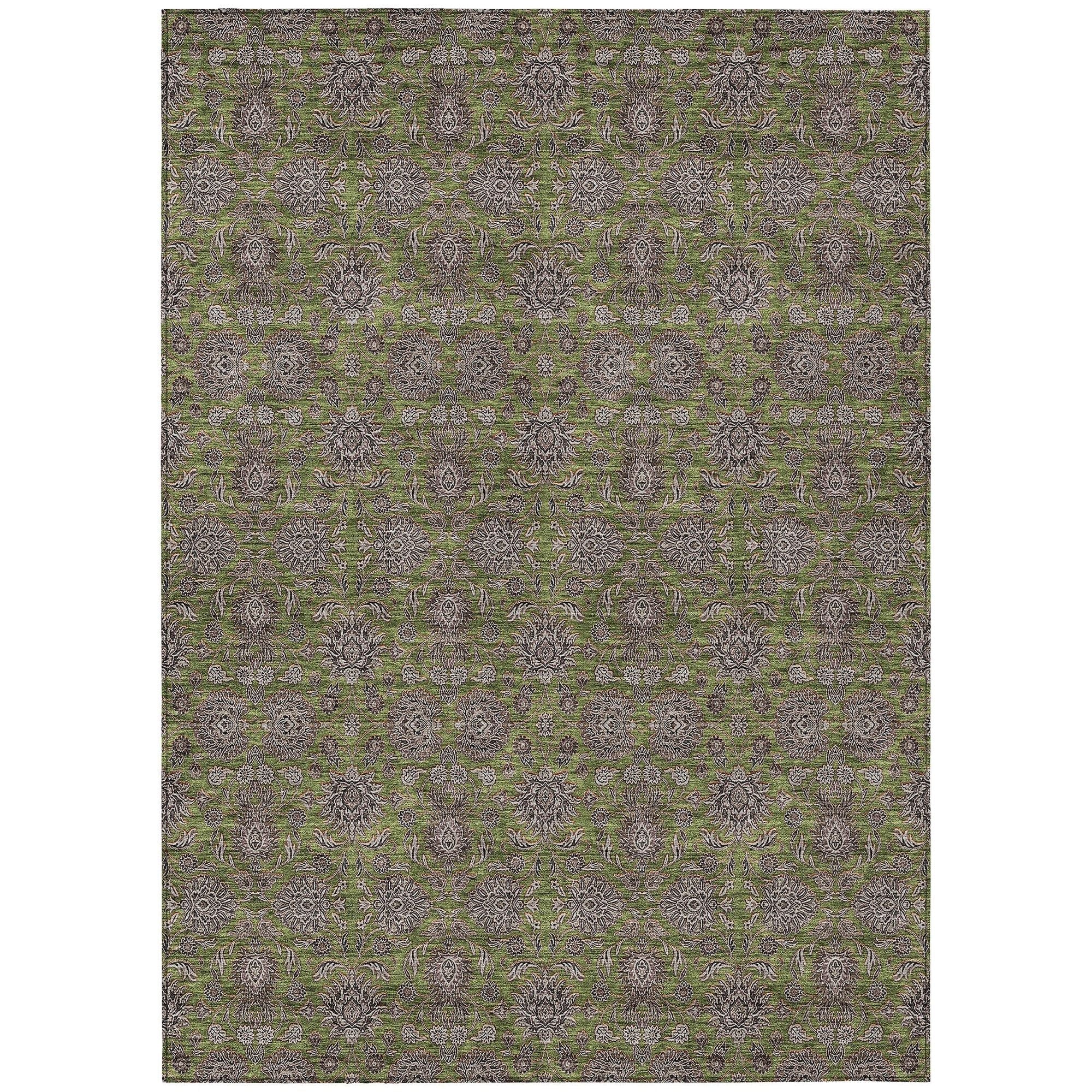 Machine Washable Olive Green Rug - Indoor / Outdoor - Kids / Pet Friendly Floral Print Rug