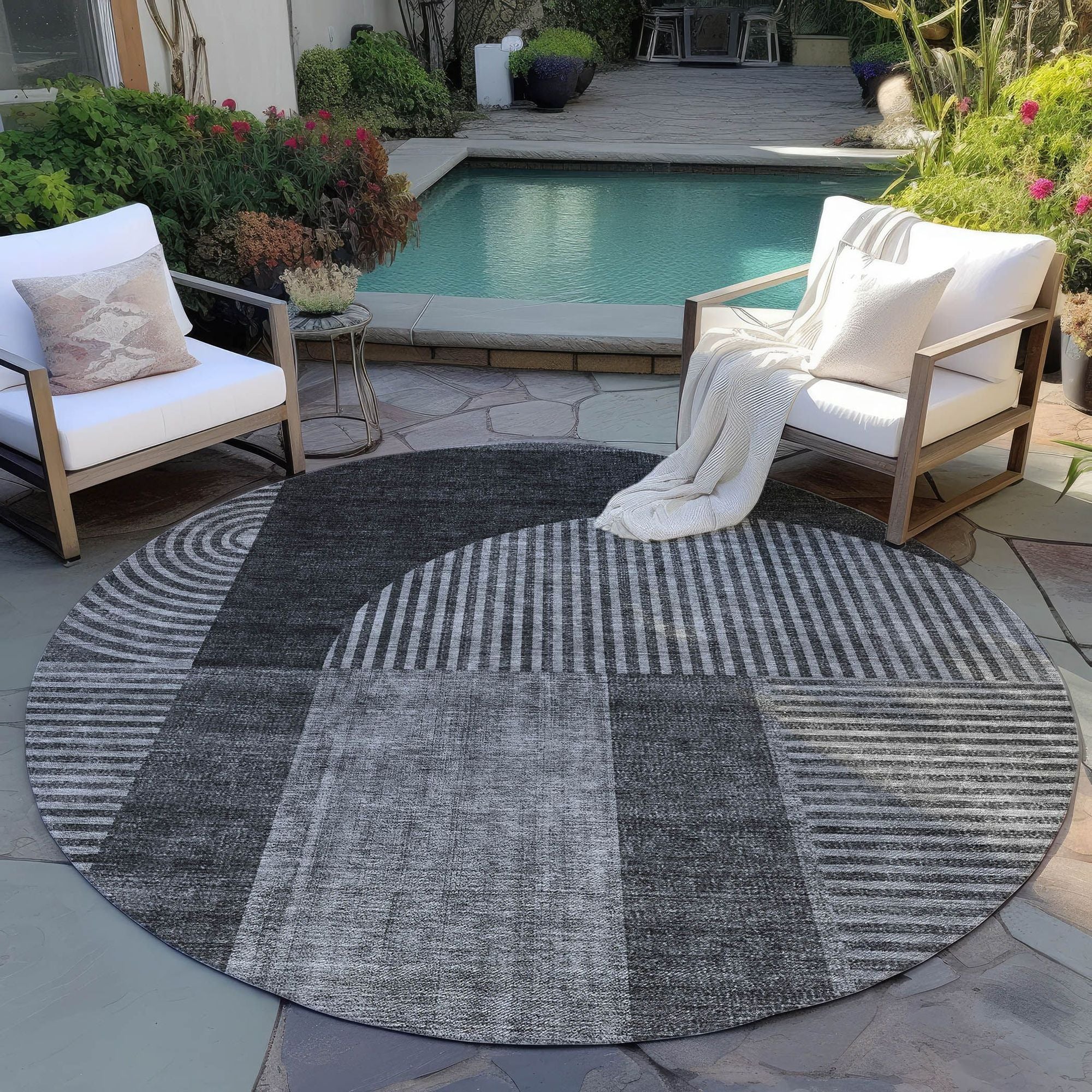Machine Washable Charcoal Gray Rug - Indoor / Outdoor - Kids / Pet Friendly Art Deco Print Rug
