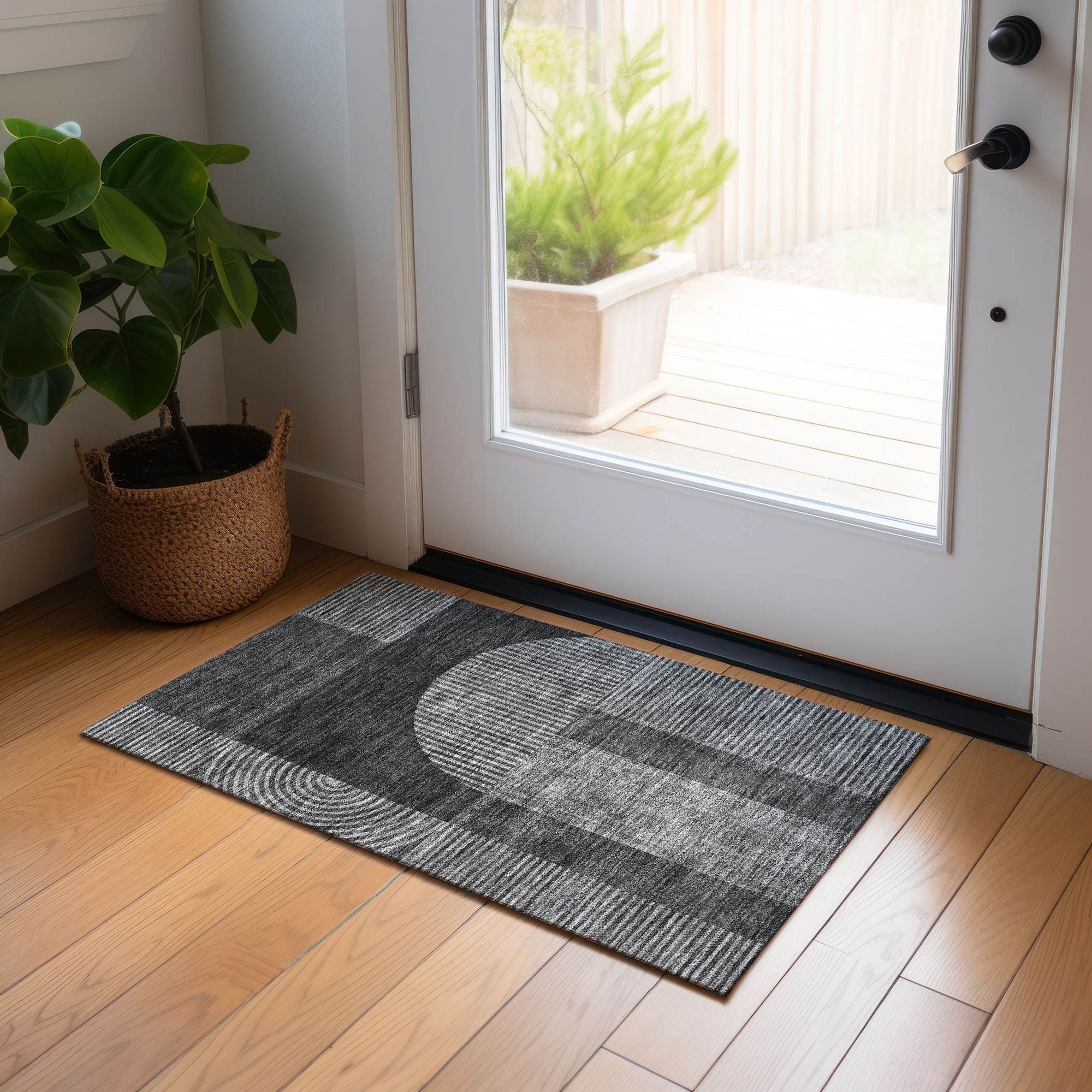 Machine Washable Charcoal Gray Rug - Indoor / Outdoor - Kids / Pet Friendly Art Deco Print Rug
