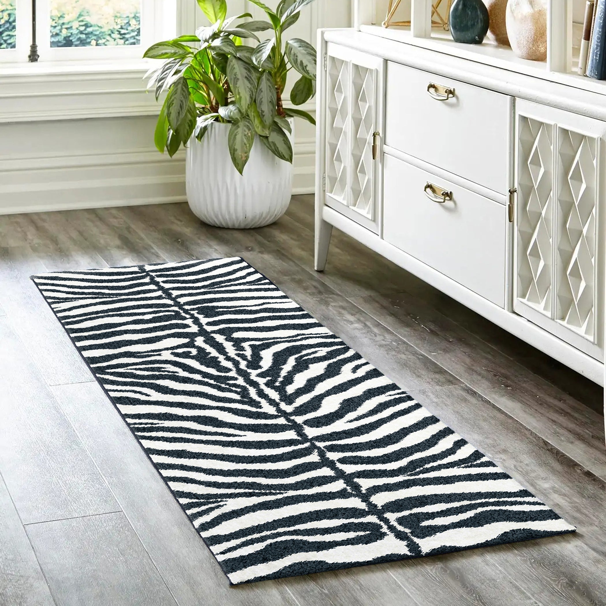 Luxury Machine Washable Casual AK1 Ivory Black Rug 2'3" x 7'6" #shape_Runner
