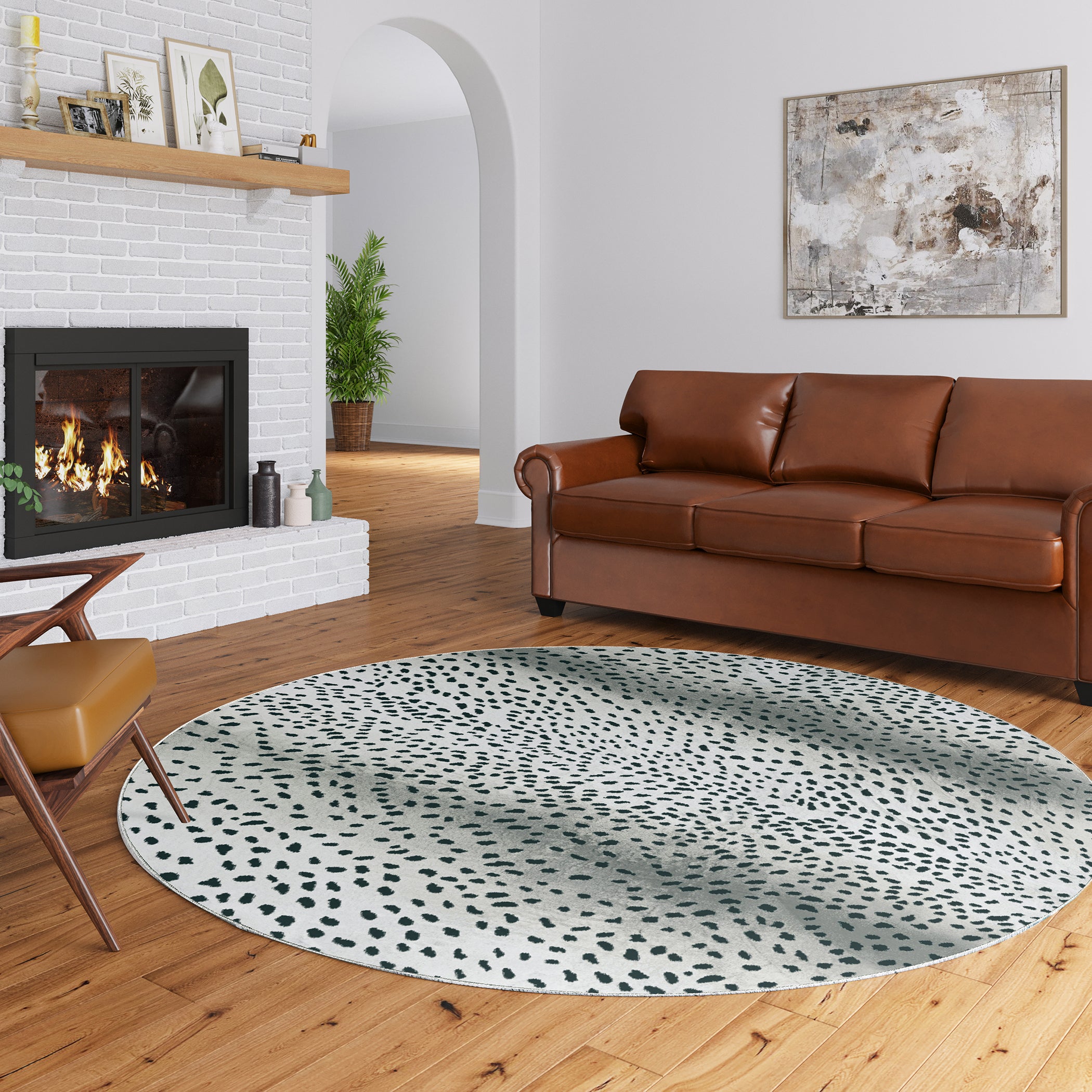 Luxury Machine Washable Casual AK3 Ivory Black Rug 8' x 8' #shape_Round