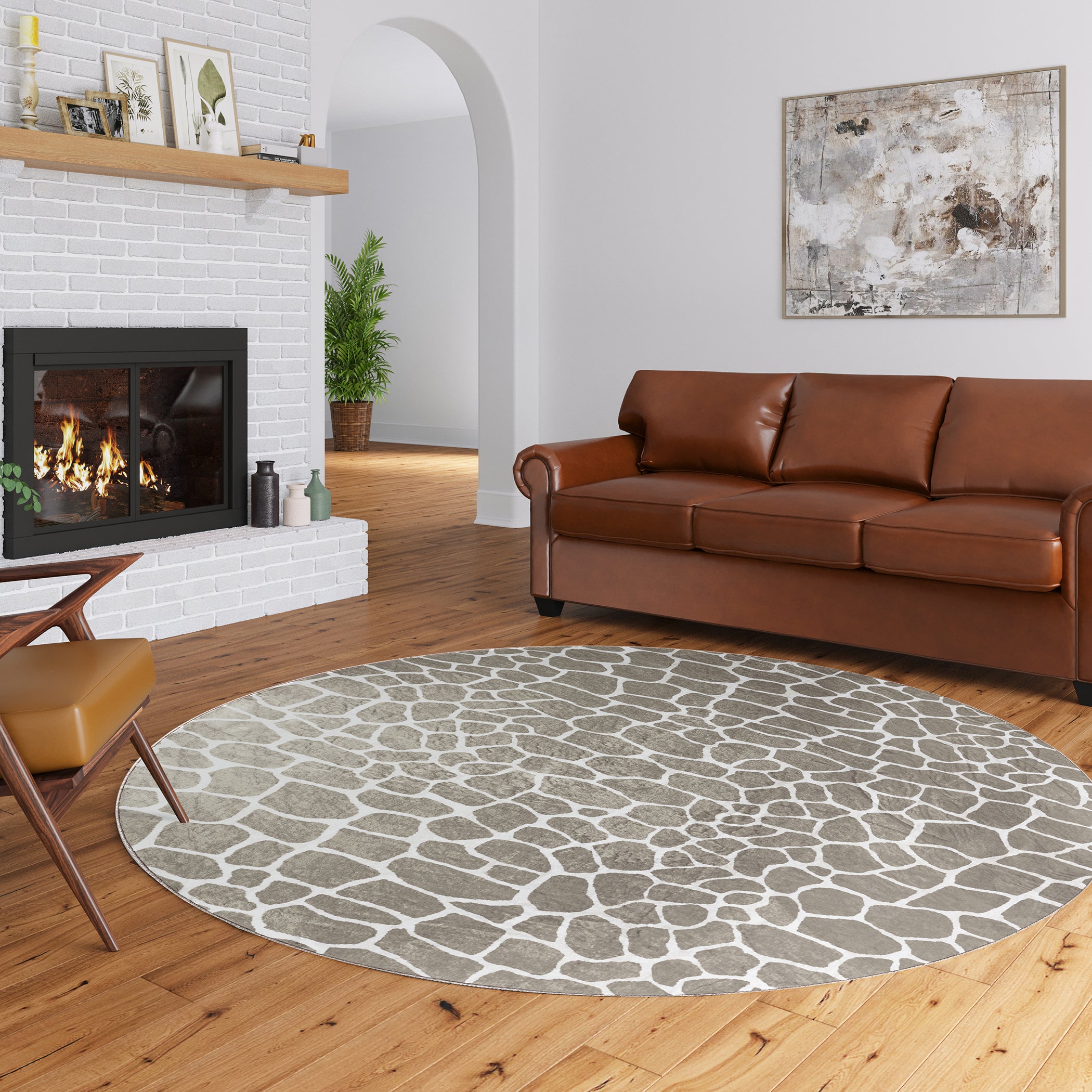 Luxury Machine Washable Casual AK4 Stone Brown Rug 8' x 8' #shape_Round