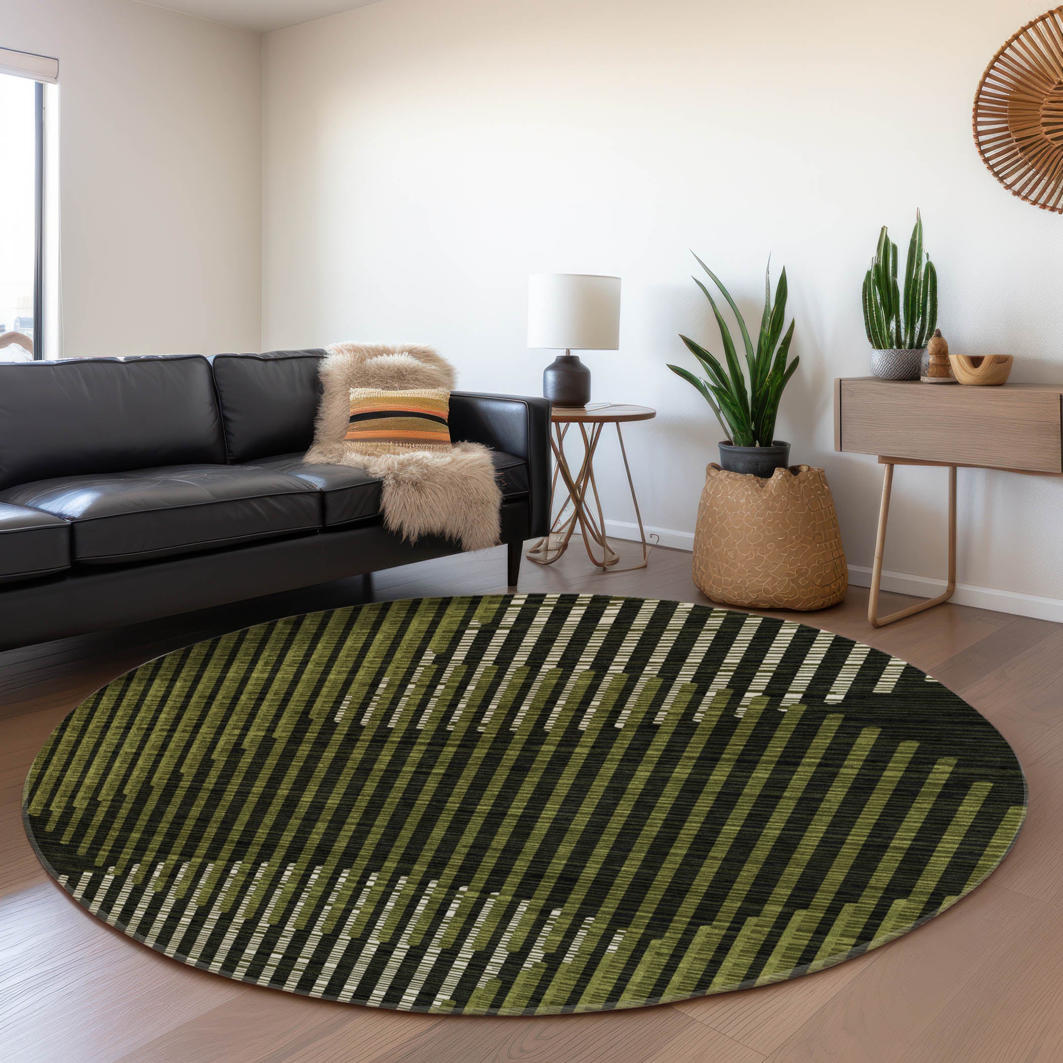 Reykjavik Machine Washable Transitional Olive Green Rug 8' x 8' #shape_Round