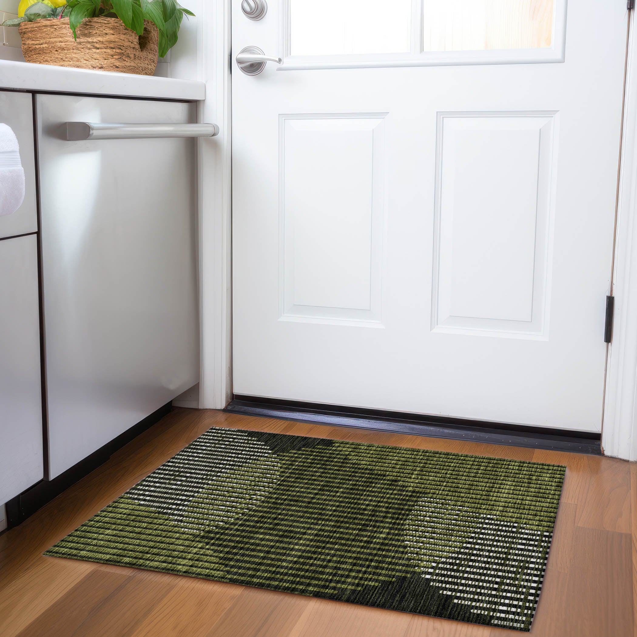 Reykjavik Machine Washable Transitional Olive Green Rug 1'8" x 2'6" #shape_Rectangle