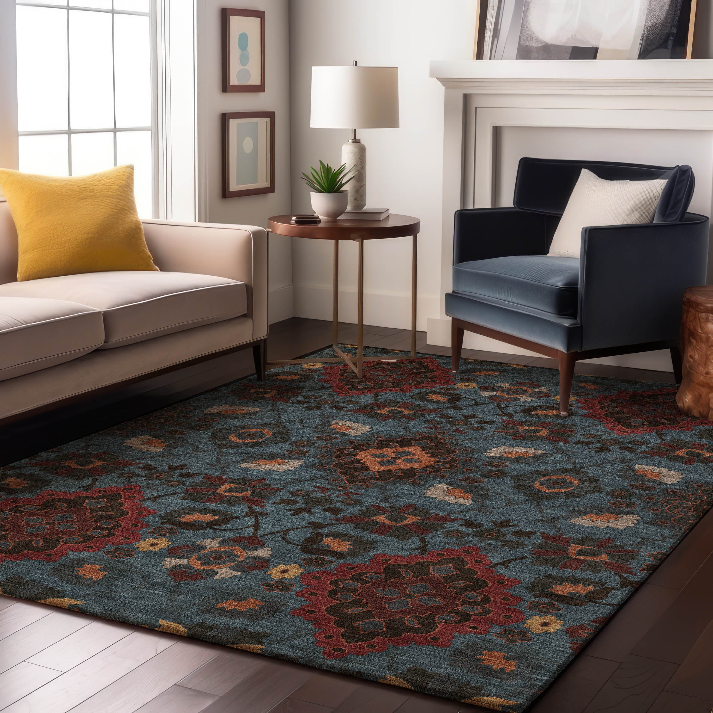 Lucerne Machine Washable Traditional Denim Blue Rug 2'6" x 3'10" #shape_Rectangle