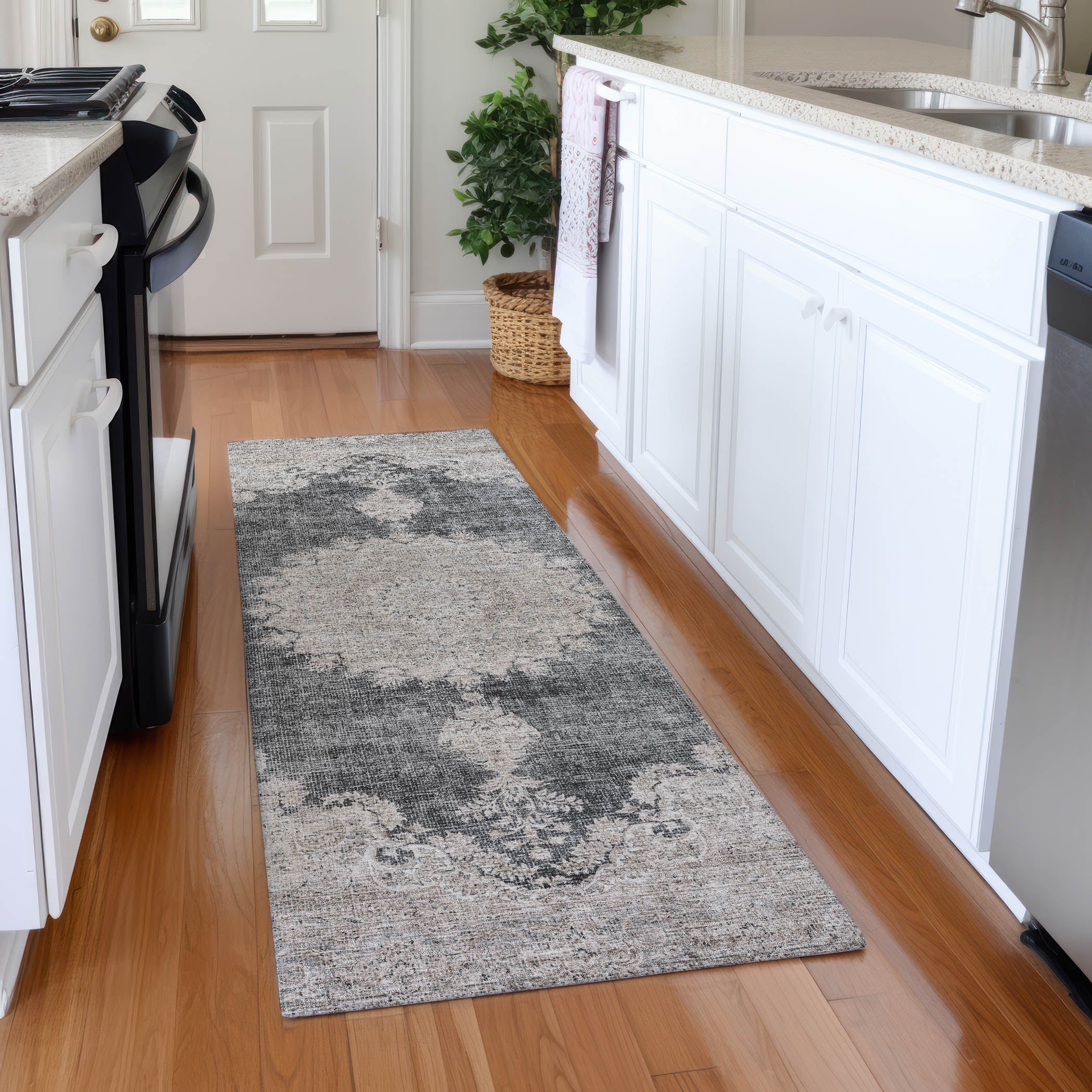 Queenstown Machine Washable Traditional Black Rug 2'3" x 7'6" #shape_Runner